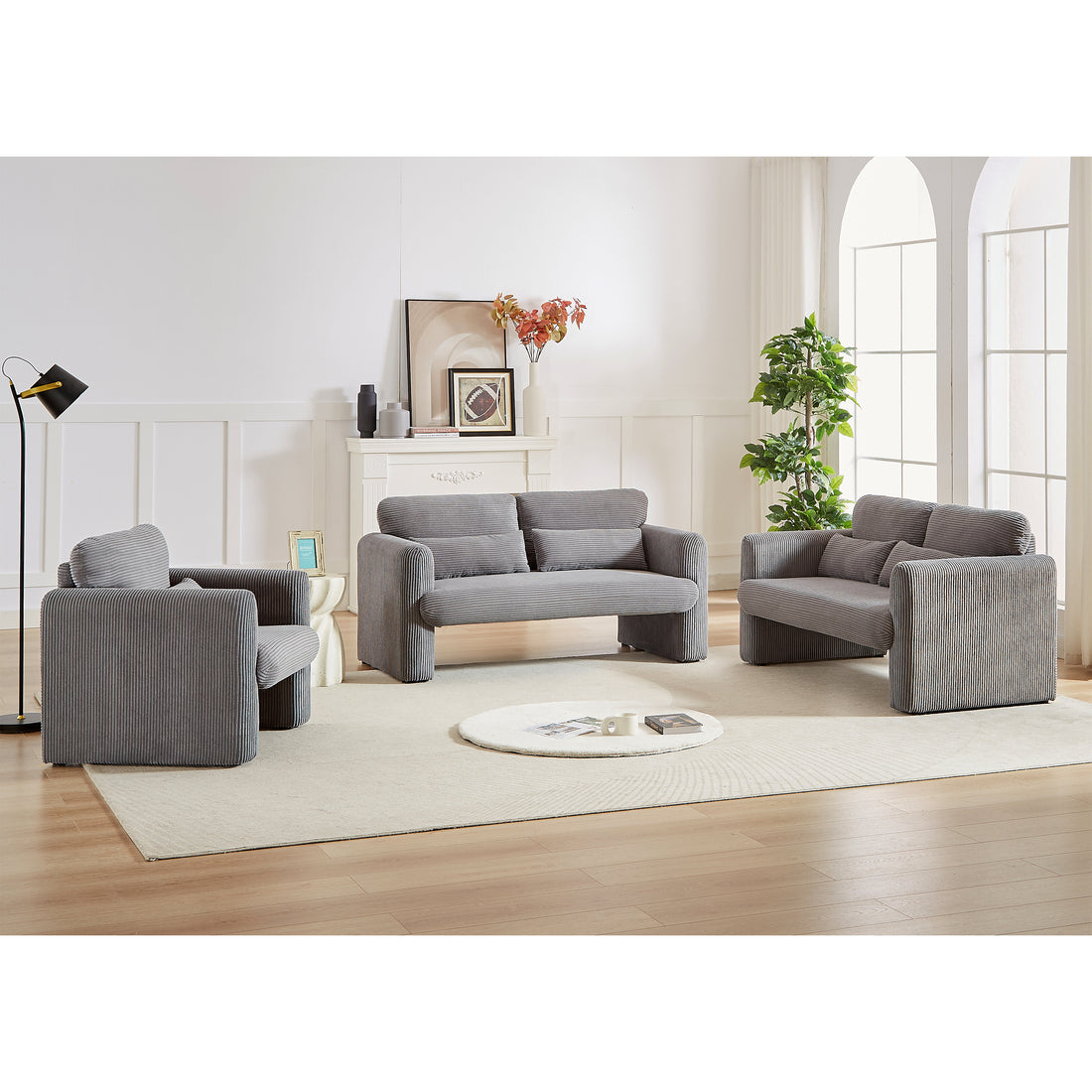 Two 60"Corduroy Fabric Sofa With 33" Single Sofa, Modern Sofa With Support Pillow, For Apartment, Office, Living Room & Bedroom Grey Corduroy 5 Seat