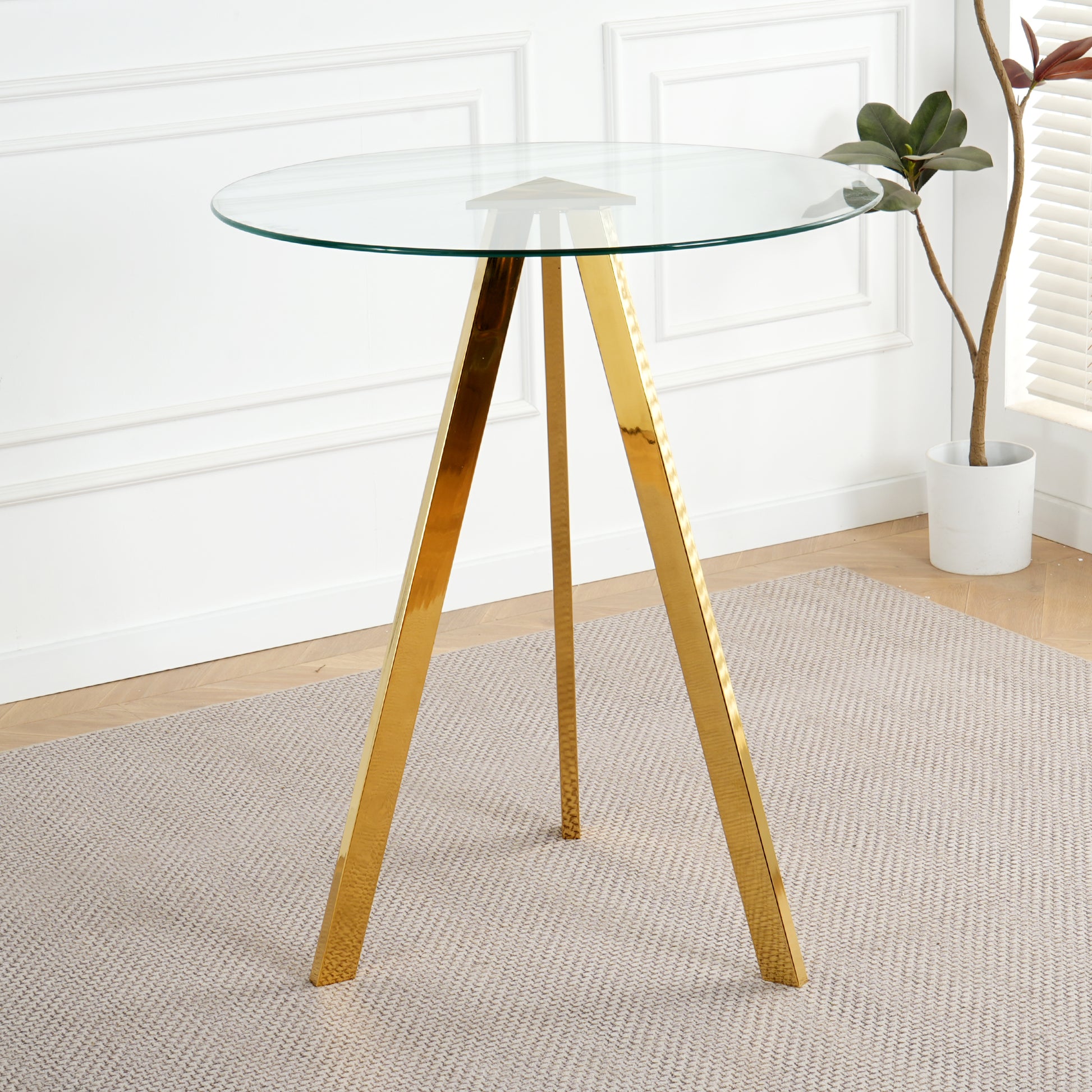 Modern Kitchen Glass Dining Table Round Tempered Glass 31.5" Bar Table Top,Clear Bar Table Metal Legs,Gold Plated Legs Set Of 1 Gold Round Glass