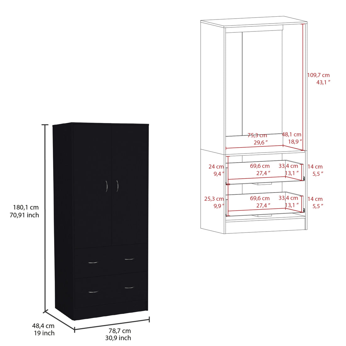 Taly Armoire With Double Doors, 2 Drawers, And Hanging Rod Black Black Particle Board