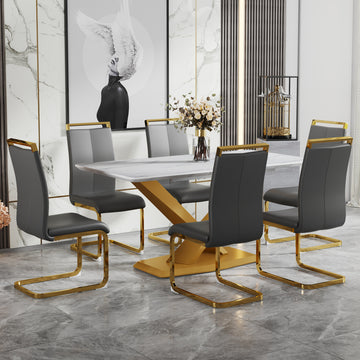 Table And Chair Set, The Table Is Equipped With A Marble Patterned Mdf Tabletop And Gold Table Legs.The Chair Is Equipped With Pu Synthetic Leather High Back Cushion And Gold Coated Metal Legs. Grey Gold Seats 6 Mdf Metal