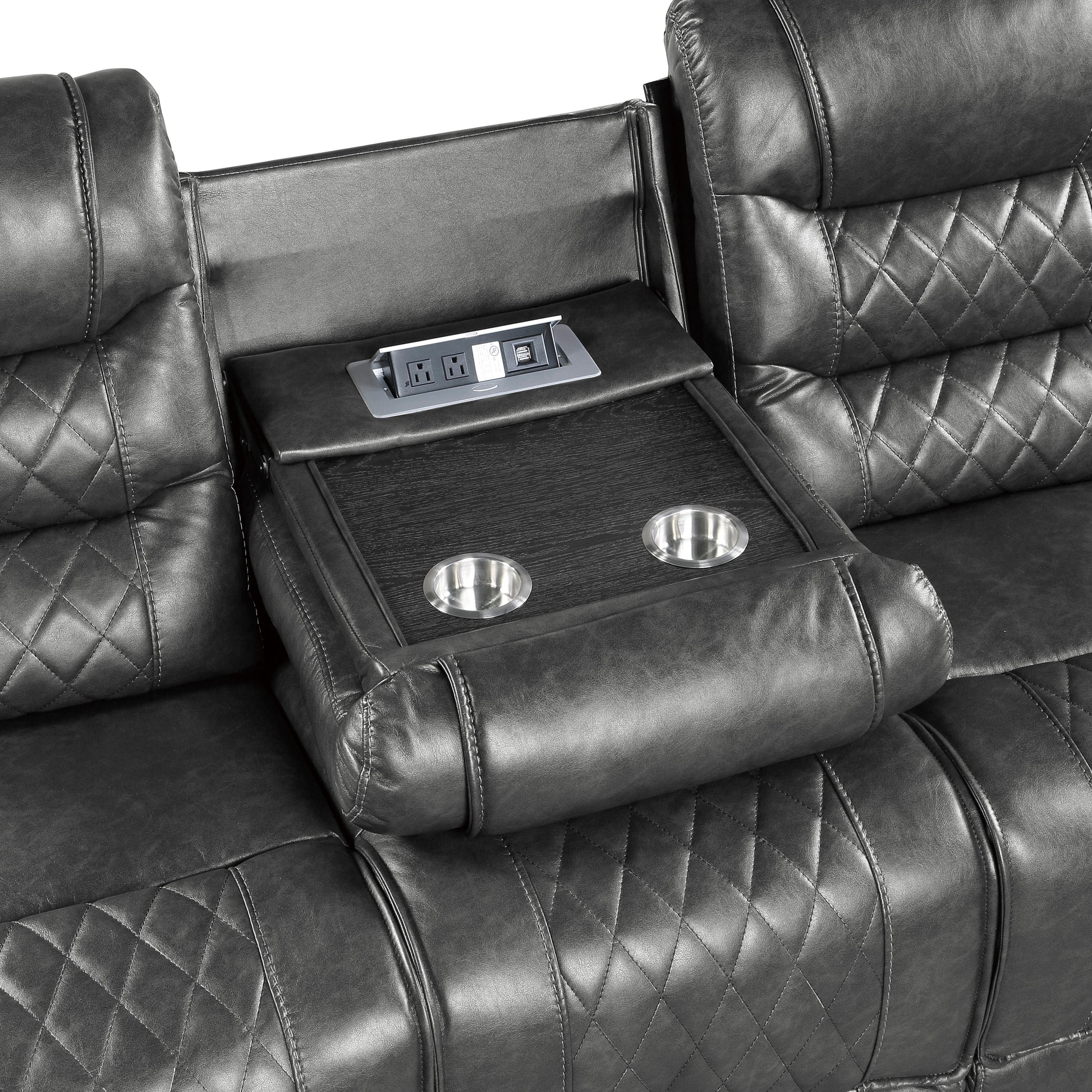 Luxurious Living Room Furniture 2Pc Power Reclining Sofa Set Grayfaux Leather Upholstery Center Drop Down Cup Holders, Power Outlets, Usb Ports, Diamond Pattern Stitching Gray Faux Leather Wood Primary Living Space Luxury,Modern Solid Wood 5 Seat