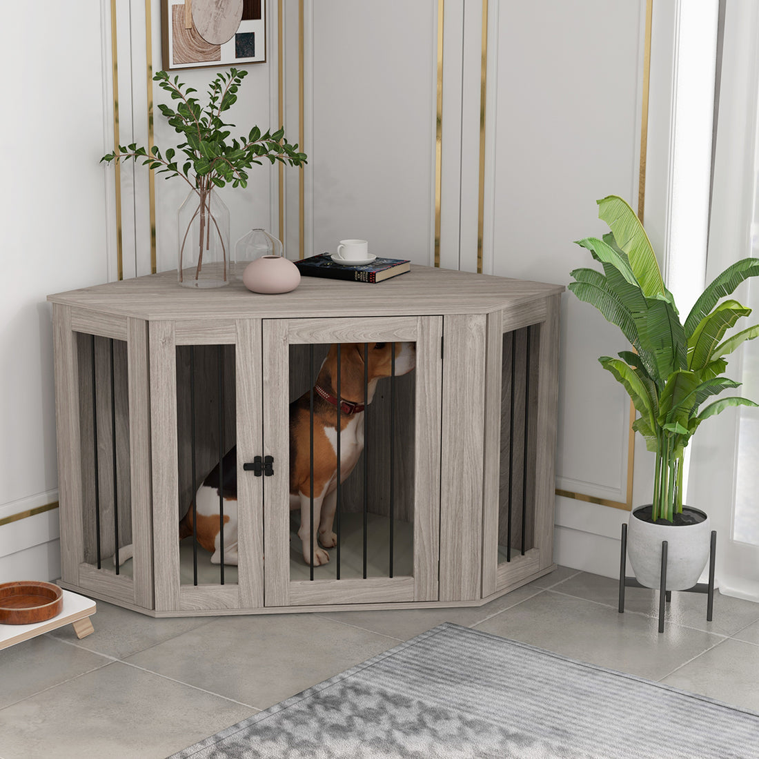 Pawhut Corner Dog Crate Furniture, End Table Dog Kennel Furniture With Cushion, Pet Crate For Large Sized Dog Indoor Use, Walnut Brown Brown Particle Board