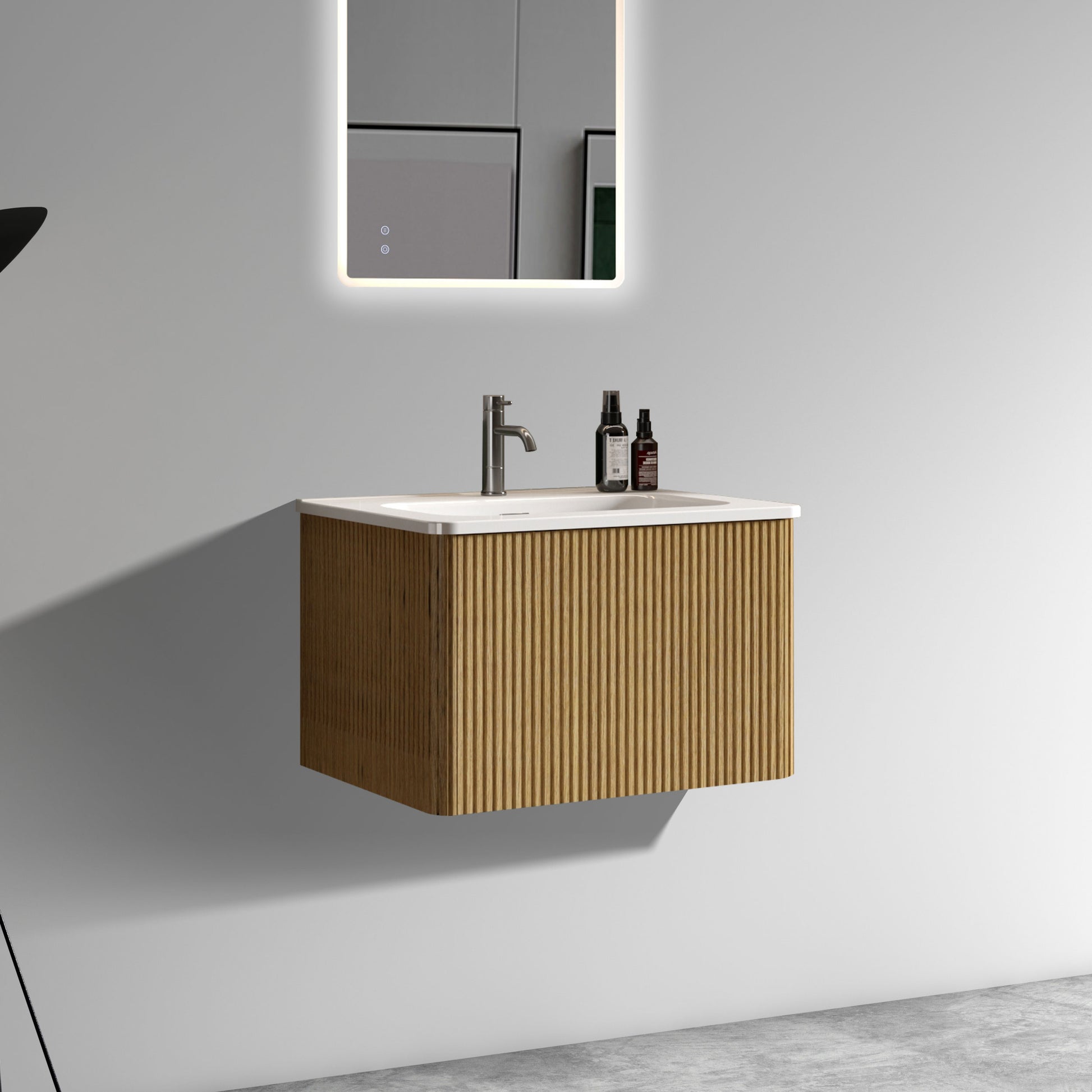 U055 Etna24W 306 Etna 24" Striped Natural Oak Bathroom Vanity With White Ceramic Sink, Wall Mounted Floating Bathroom Vanity For Modern Bathroom, Pre Assembled White Oak Bathroom Modern Melamine