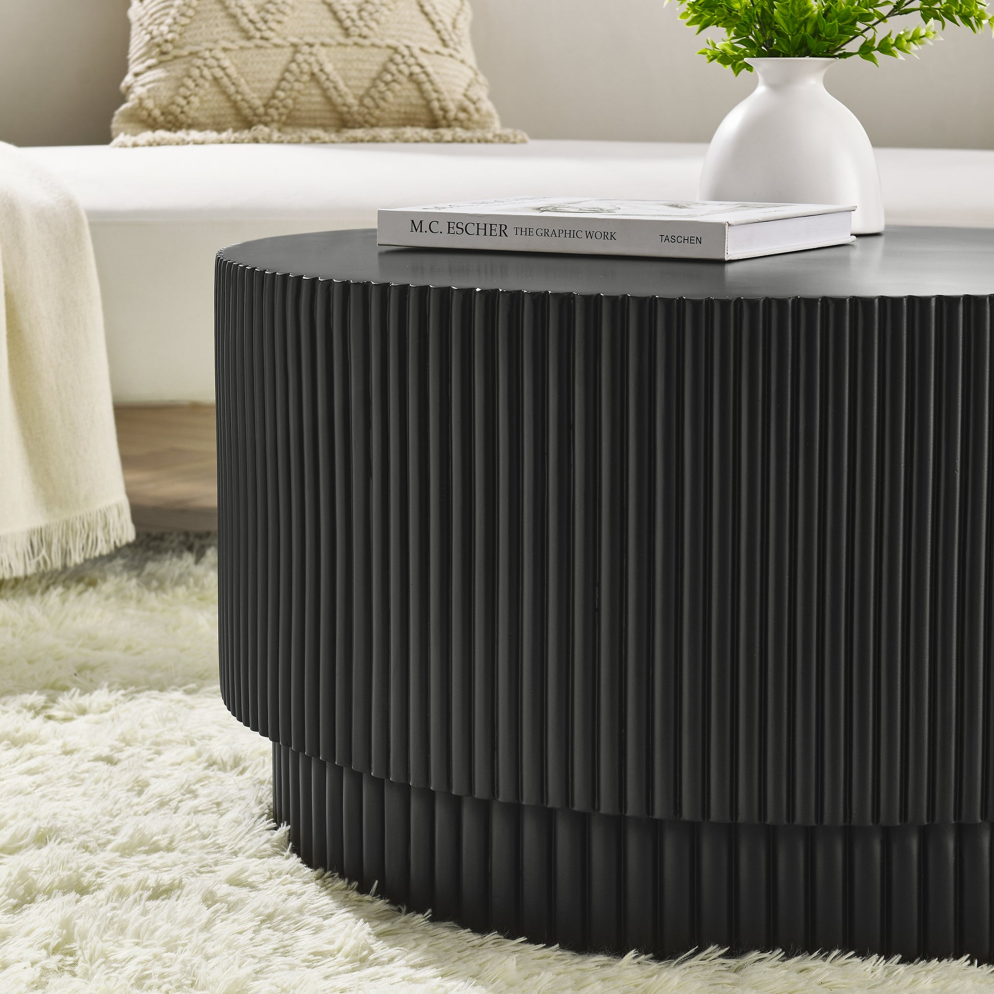 15.72 Inch H Barrel Coffee Table, Nordic Style, Simple Design, Suitable For Indoor And Outdoor Use, Magnesium Oxide Material, Suitable For Living Room, Bedroom Or Garden Sofa Black Magnesium Oxide