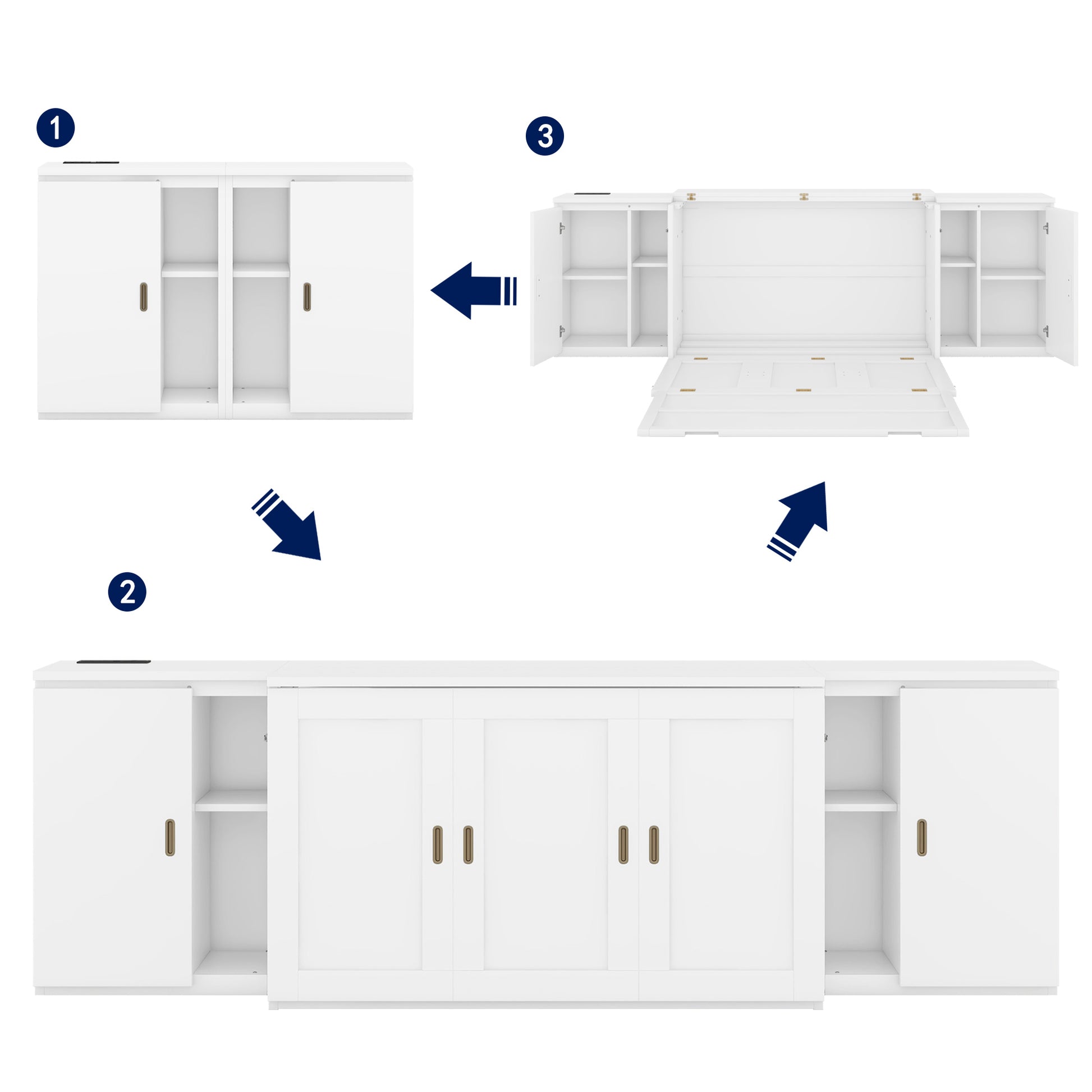 Full Size Murphy Bed With Shelves, Cabinets And Usb Ports,White White Mdf Lvl