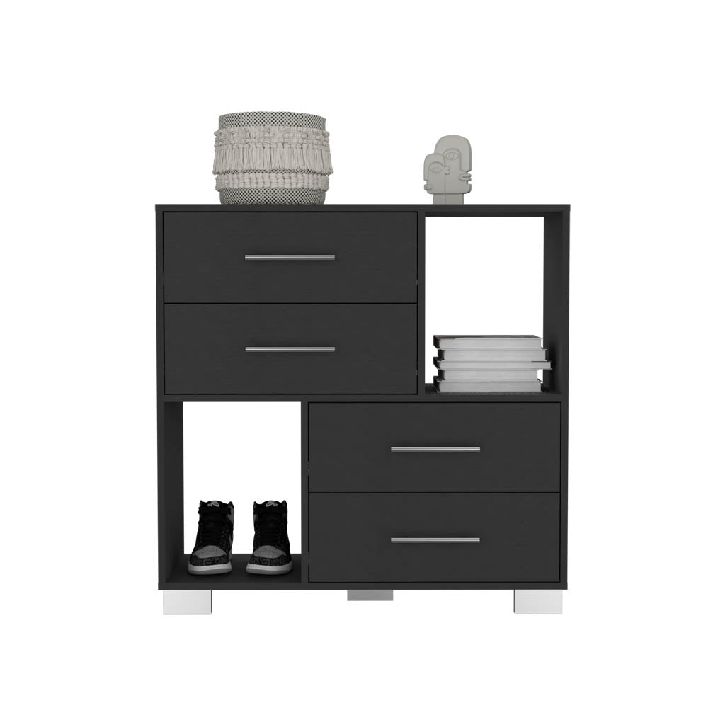 Dresser 35"Htwo Open Shelves, Four Drawers, Metal Handles, Black Black Particle Board Particle Board