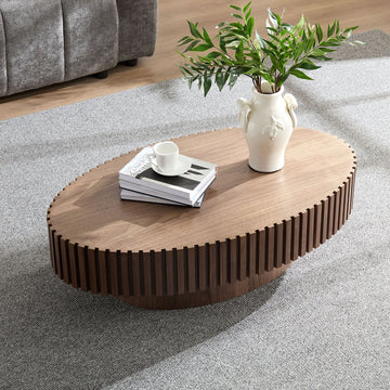 Modern Handcraft Drum Coffee Table Length 43.7 Inch Ellipse Coffee Table For Living Room,Oval Small Coffee Table With Sturdy Pedestal,Walnut Mdf Walnut Mdf