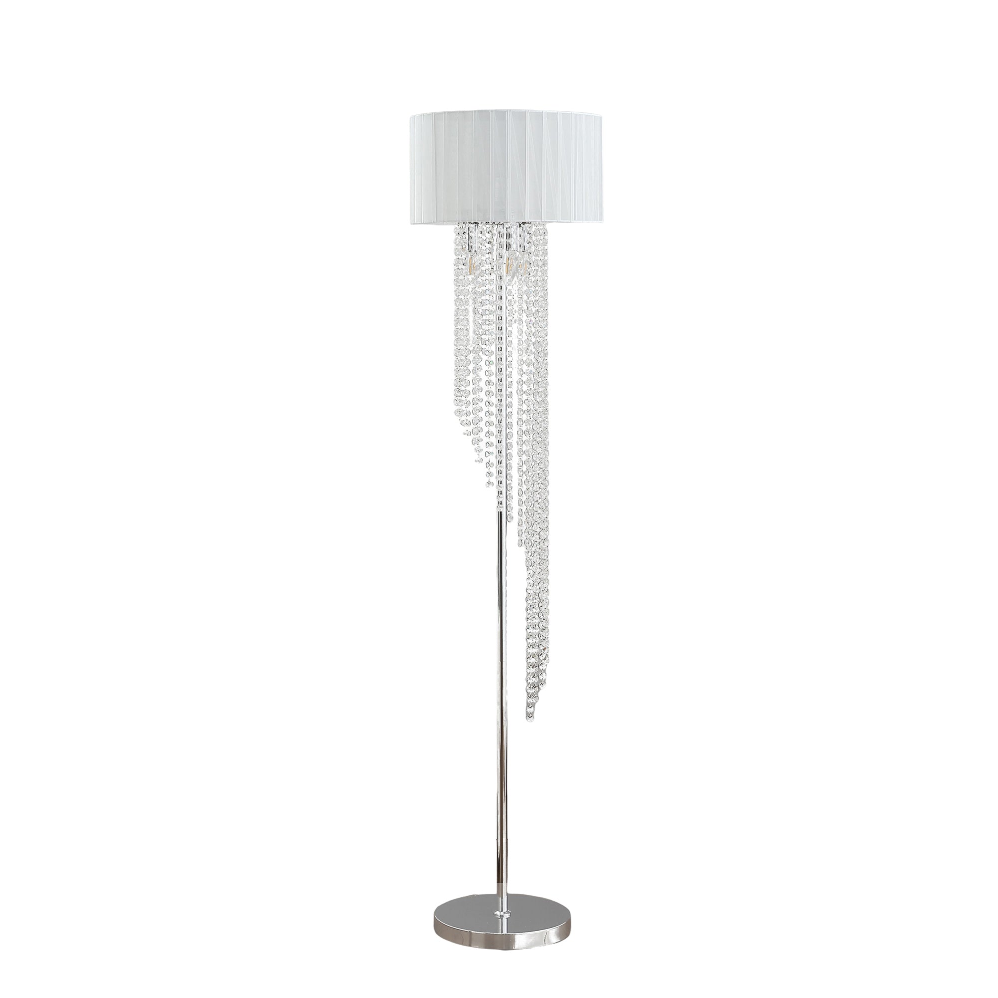 65.75"H Sheer White Drum Shade Rain Crystal Chrome Metal Floor Lamp For Living Room, Standing Lamp For Bedroom Silver White Metal