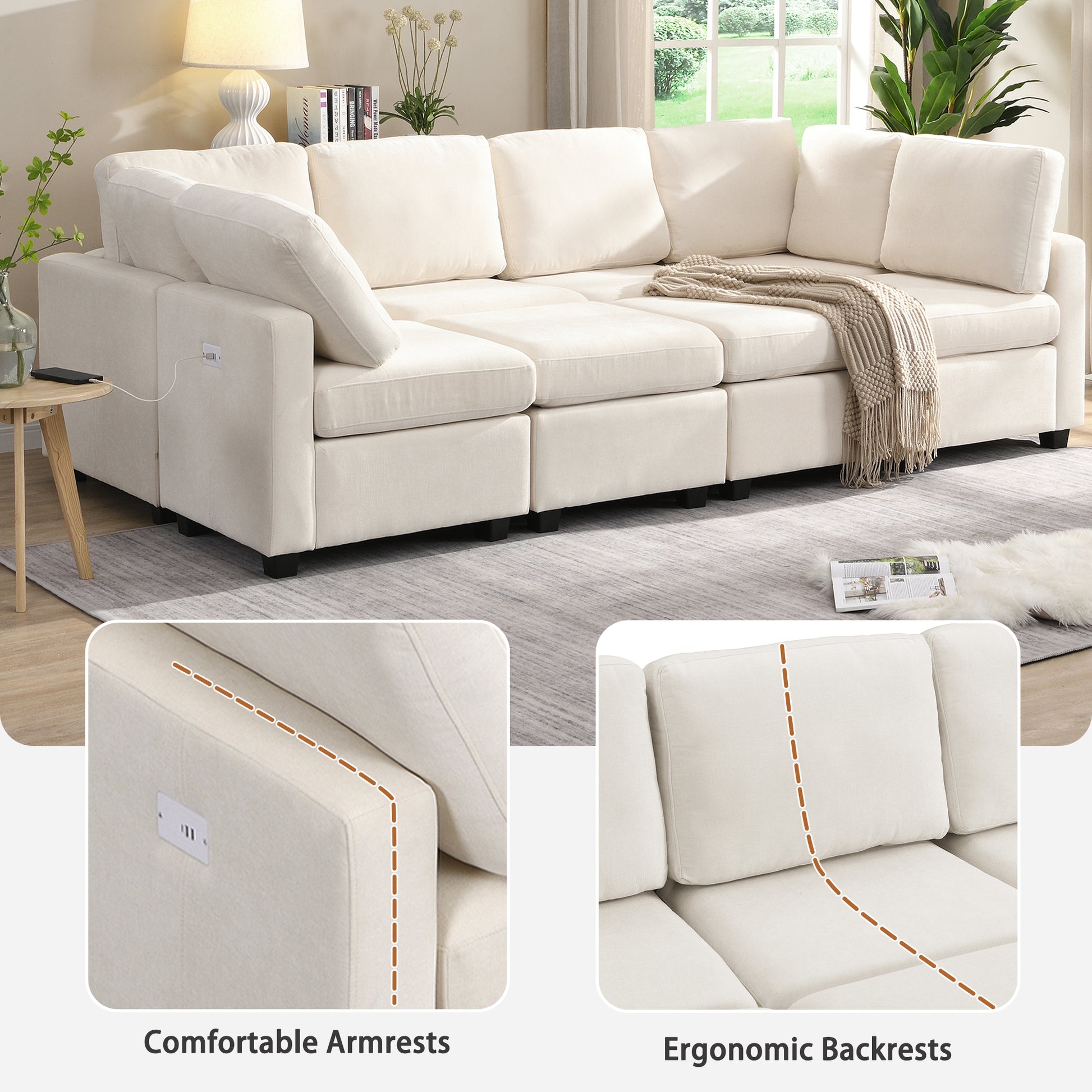 103" Sectional Sofa Couch Sofa Bed U Shaped Sofa With Two Movable Ottoman And Three Usb Ports For Living Room, Beige Beige Foam Chenille 6 Seat