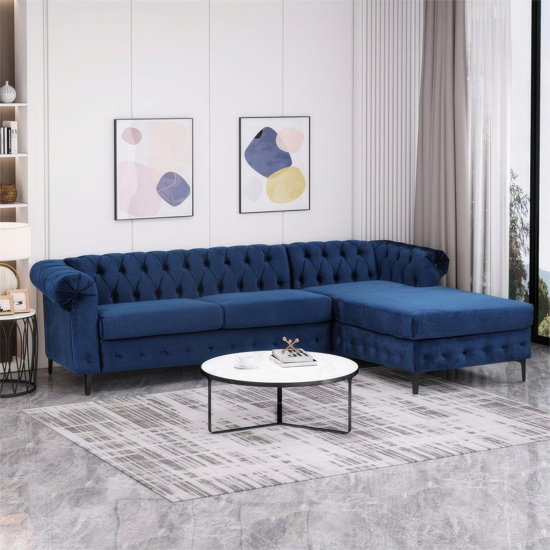 Reversible 4 Seater Modular Sectional Sofa Set, Convertible Corner Oversized L Shaped Sofa Couch, Velvet Sleeper Couch With Rolled Arm For Living Room, Navy Blue Navy Blue Wood Primary Living Space Medium Soft Loose Back Medium Duty