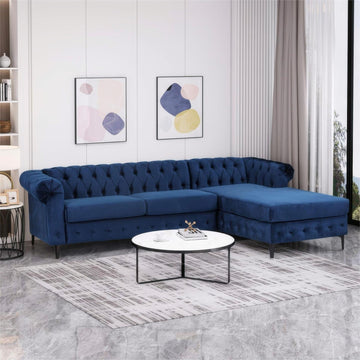 Reversible 4 Seater Modular Sectional Sofa Set, Convertible Corner Oversized L Shaped Sofa Couch, Velvet Sleeper Couch With Rolled Arm For Living Room, Navy Blue Navy Blue Wood Primary Living Space Medium Soft Loose Back Medium Duty