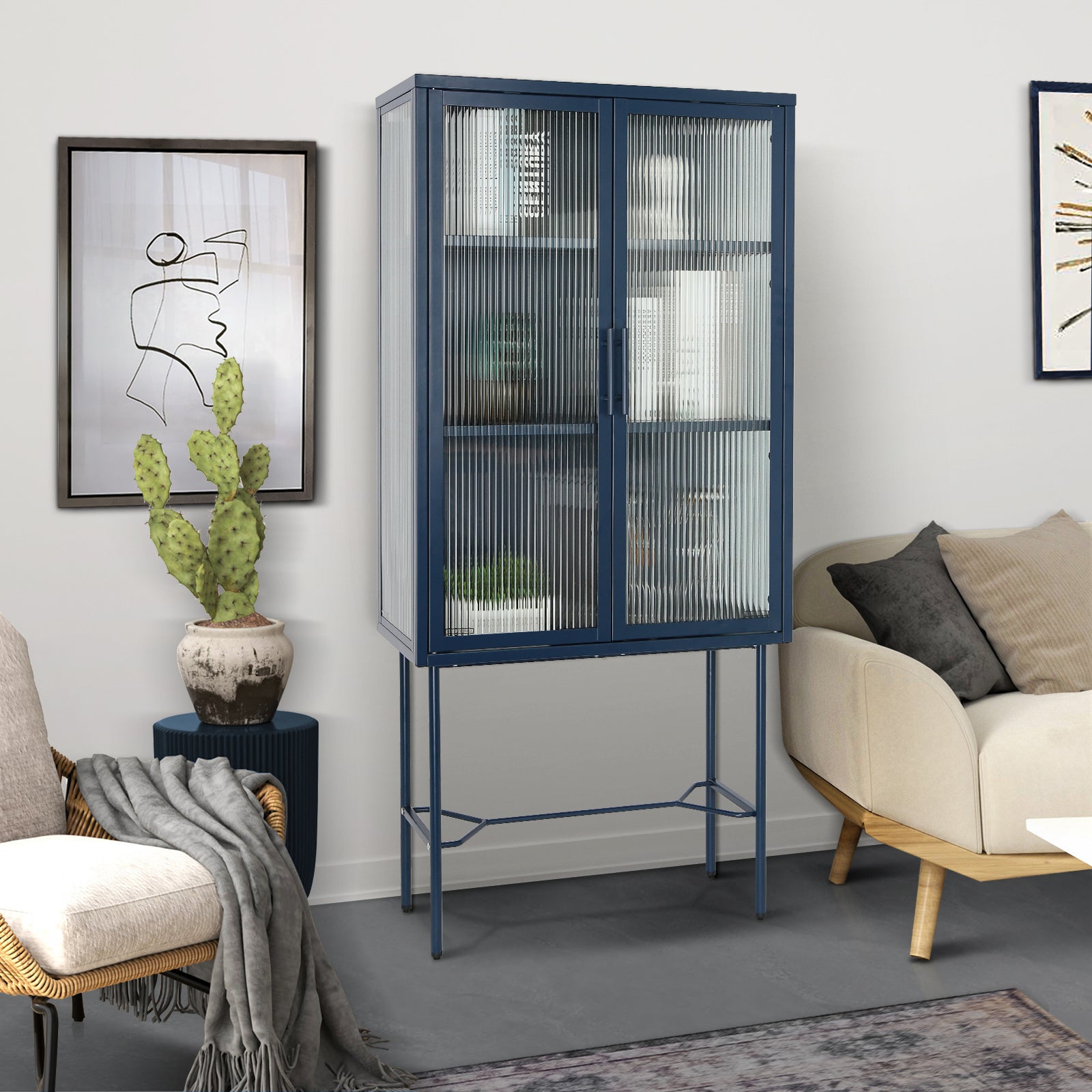 Elegant Floor Cabinet With 2 Glass Doors Living Room Display Cabinet With Adjustable Shelves Anti Tip Dust Free Easy Assembly Blue Color Old Sku:W68766570 Blue Steel