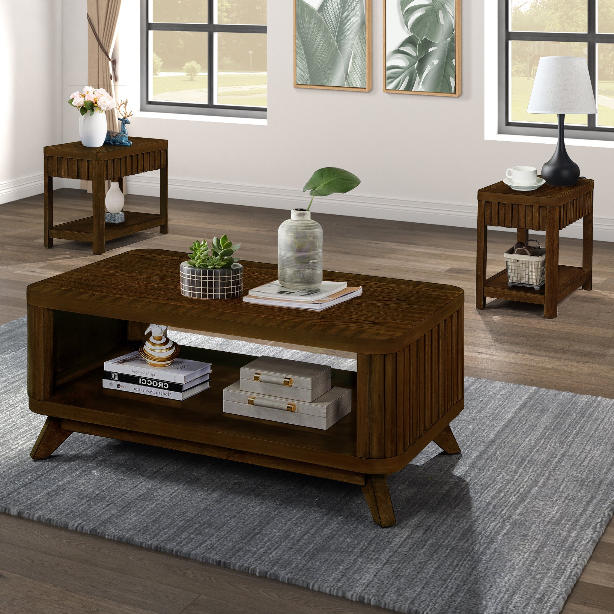 Rectangular Living Room Coffee Table Set, 3 Piece Living Room Table Set With Solid Wood Legs, 1 Coffee Table And 2 End Table, Wood Center Table Tea Table Set .Easy Assembly, Walnut Walnut Pine