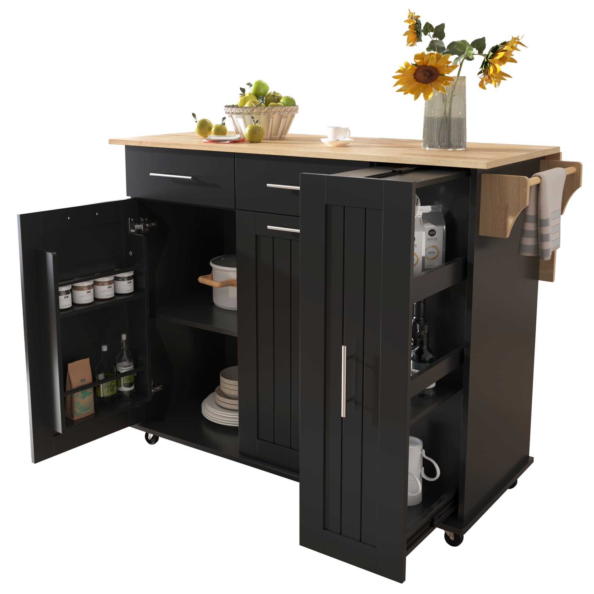 K&K Kitchen Island With Drop Leaf, Kitchen Storage Cart With 3 Tier Pull Out Cabinet Organizer, Internal Storage Rack, Rolling Kitchen Cart On Wheels With Towel Rack, 2 Drawers, For Kitchen, Black Black Brown Kitchen Classic,Farmhouse,Luxury,Modern