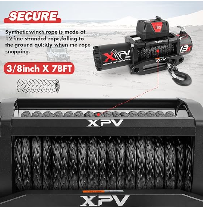 Xpv 13000Lb. Winch Synthetic Rope Electric Truck Winch Waterproof With Wireless Remotes Black Aluminium