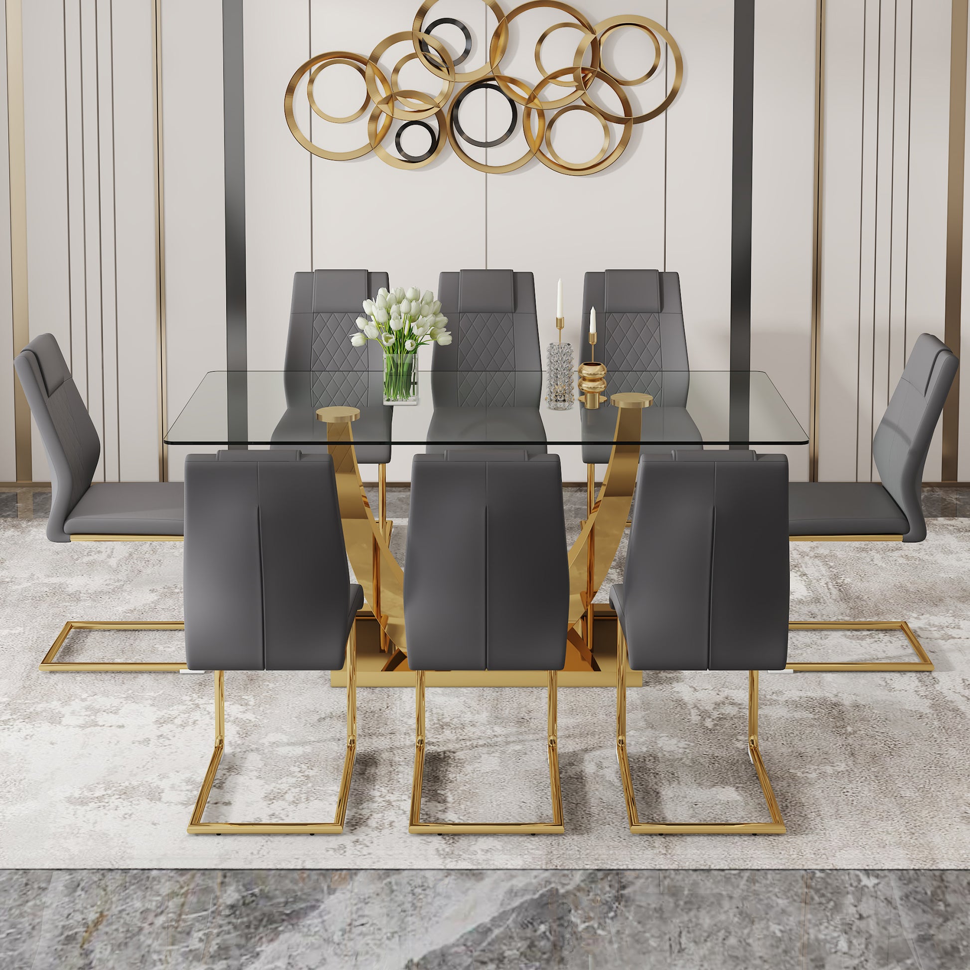 Table And Chair Set.Modern Rectangular Dining Table With Transparent Tempered Glass Tabletop And Gold Plated Metal Legs.Paried With 8 Comfortable Chairs With Pu Seats And Golden Metal Legs. Grey Gold,Transparent Seats 8 Glass Metal