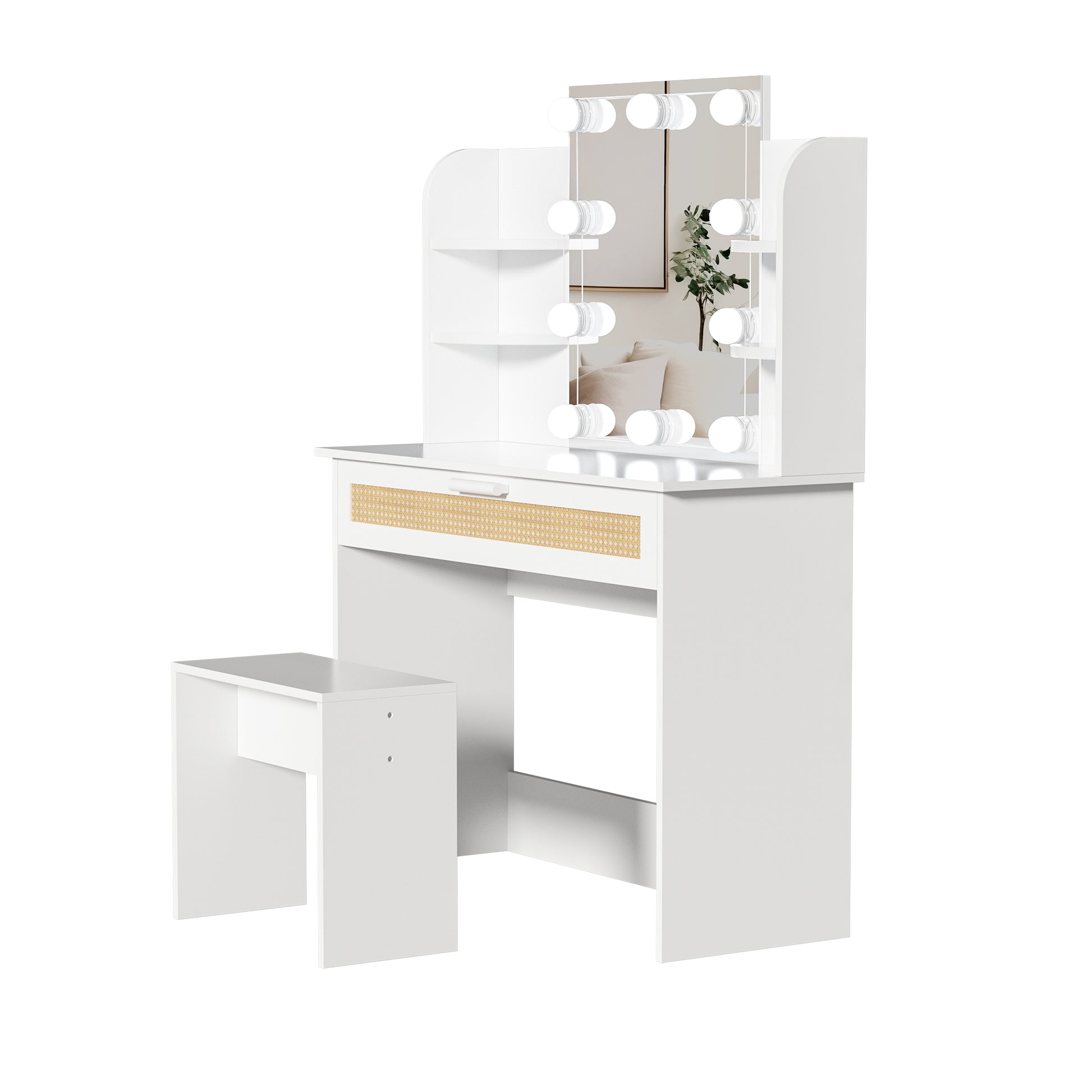 Vanity Desk Set Stool & Dressing Table With Led Lighting Mirror Drawer And Compartments Modern Wood Cosmetic Table Chest Of Drawers White Color Gloss White White 1 Drawer Bedroom Wood