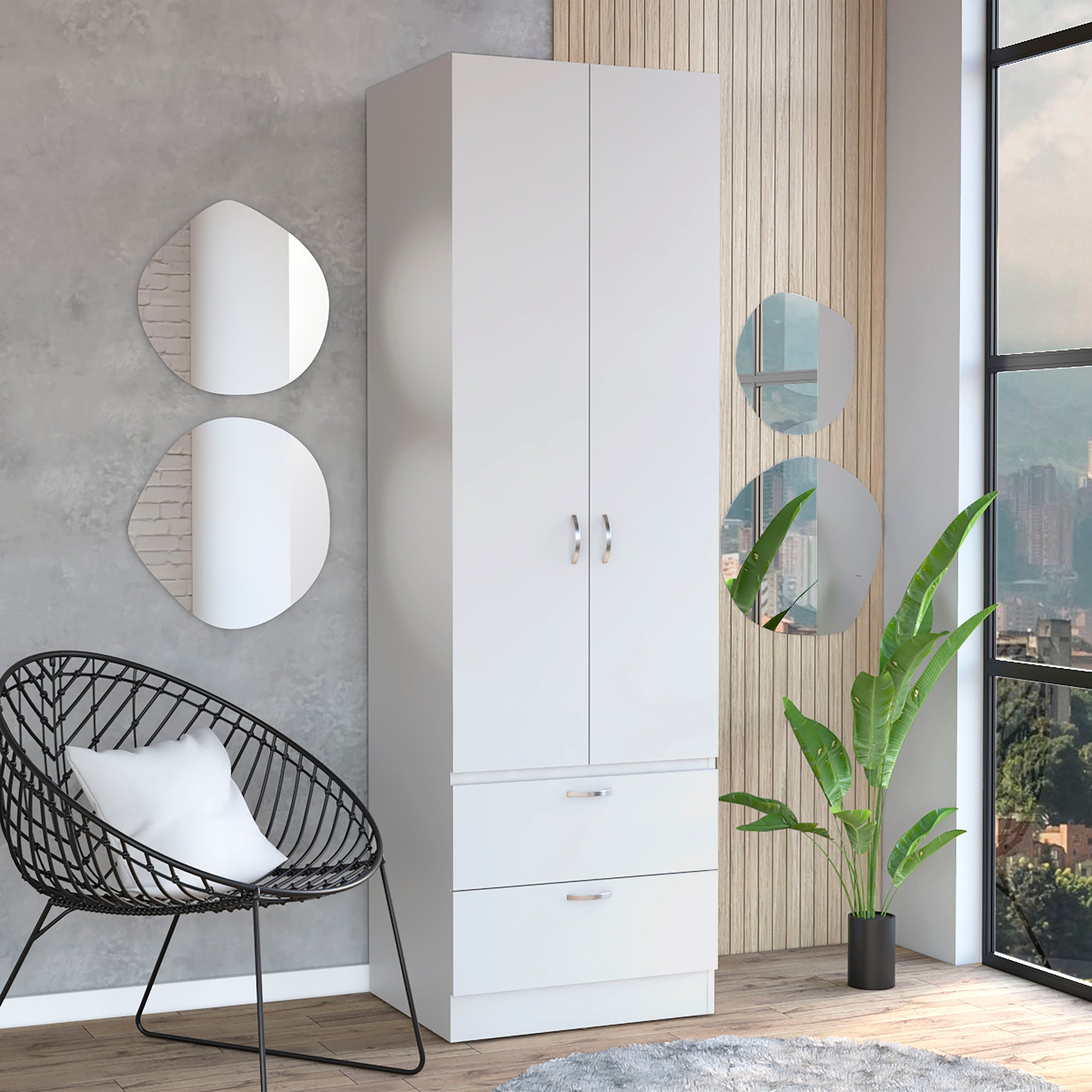 Vico 76" High Armoire Wardrove Closet With 2 Drawers, Double Door Cabinetone Shelf And Hanging Rod, Bedroom Clothes Storage Cabinet Organizer White Bedroom Modern Particle Board Engineered Wood