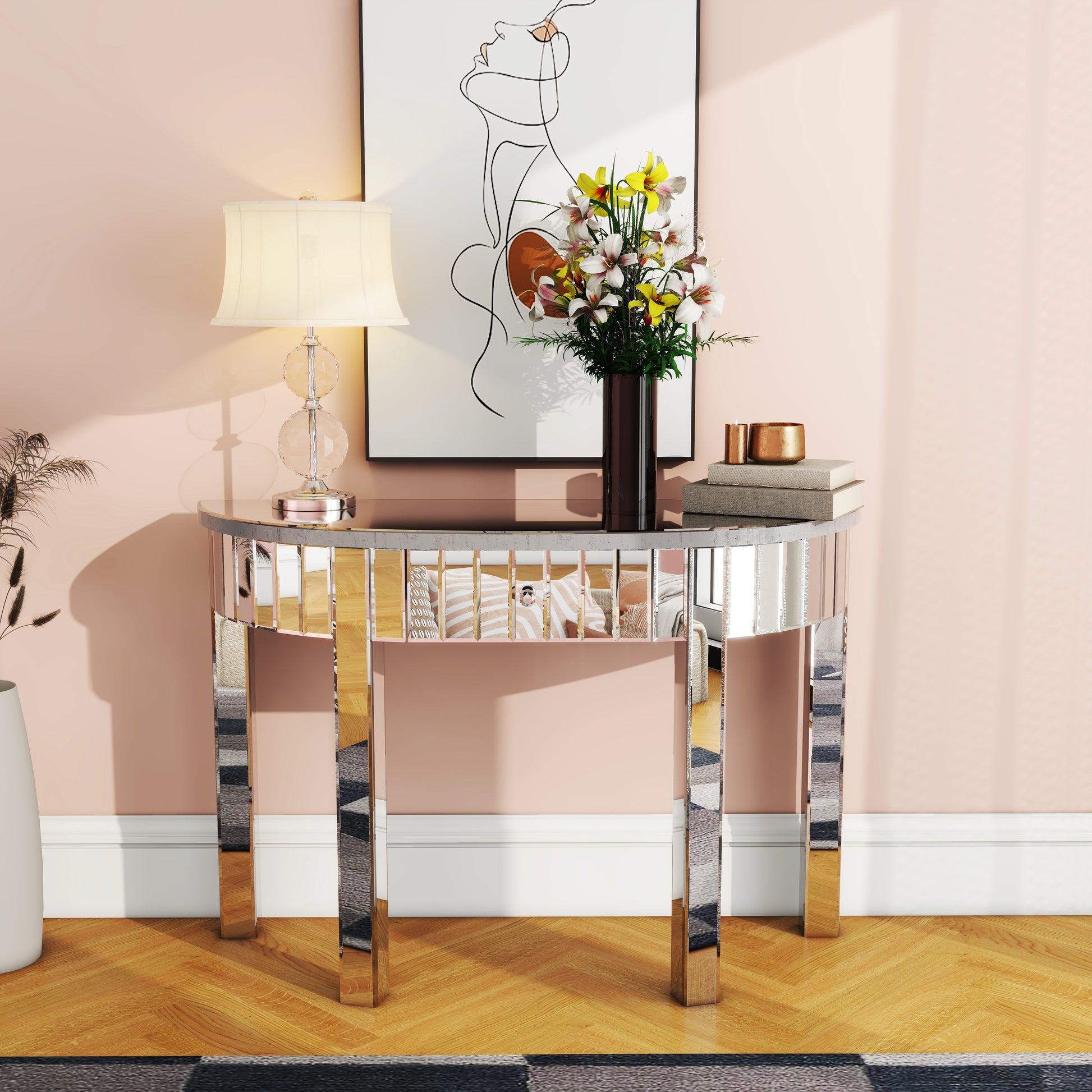 Mirrored Half Moon Console Table, Hd Glass Entryway Table With 1 Drawer, 39" Silver Console Table For Hallway, Living Room, Mirror Finished Silver Mirrored Finish Primary Living Space Art