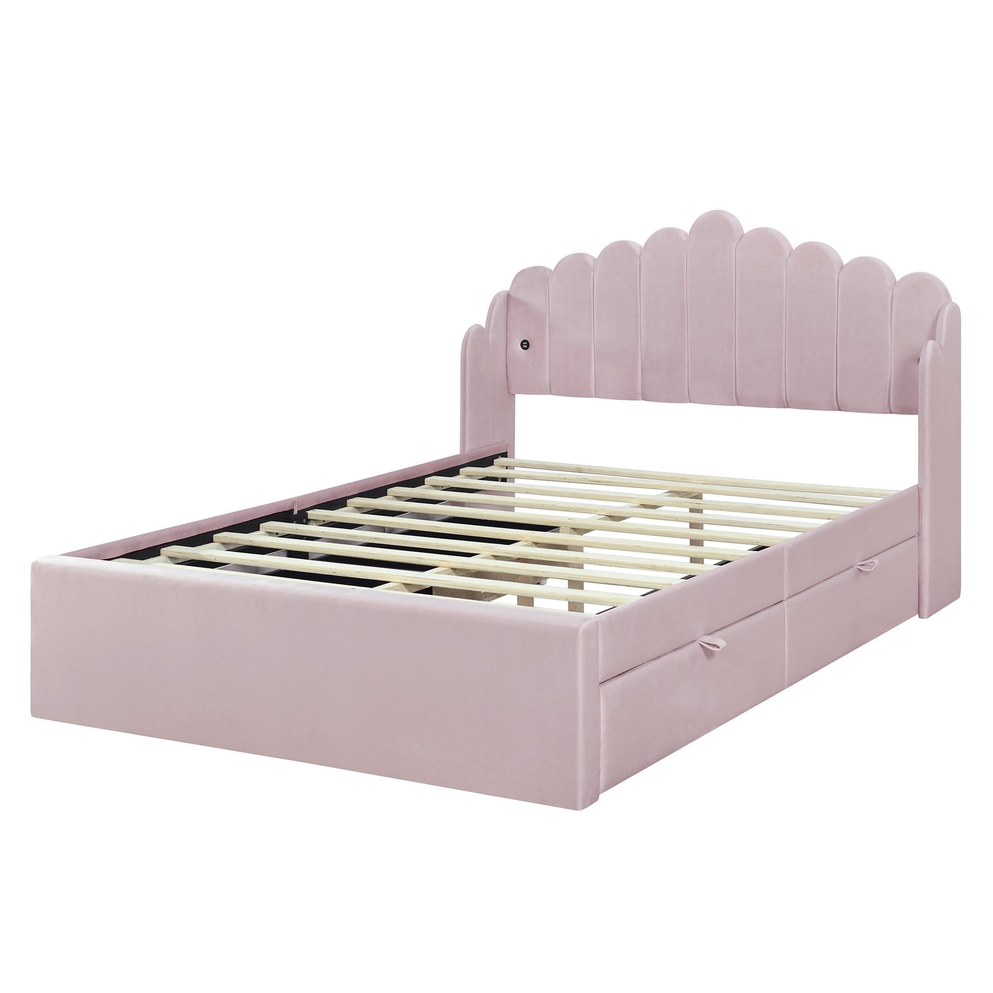 Full Size Upholstered Platform Bed With 4 Drawers And 2 Usb, Pink Box Spring Not Required Full Pink Wood Bedroom Bed Frame Polyester Upholstered