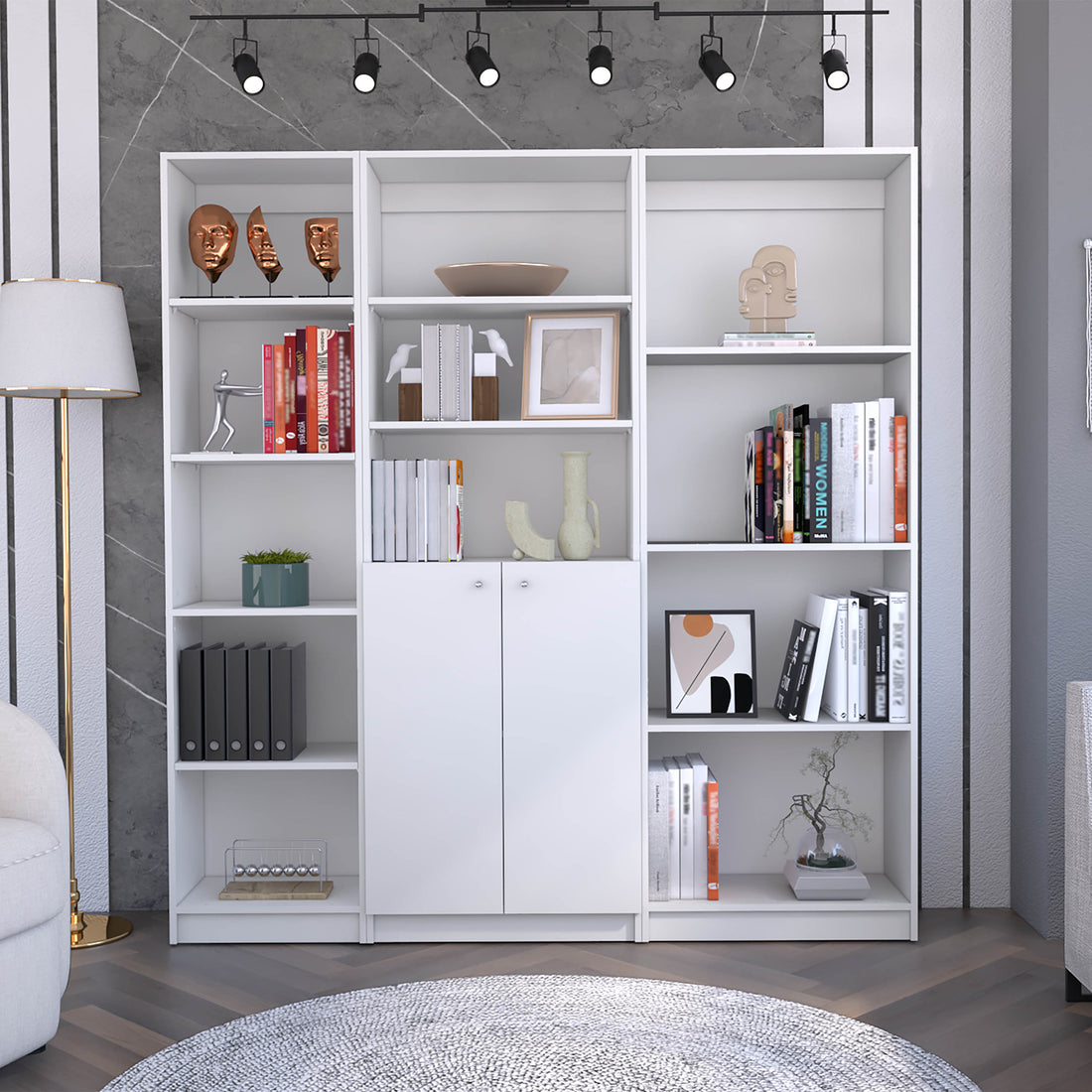 Poole 3 Piece Home Bookcase Set, 67" Wide With 12 Shelves And 2 Door Cabinetliving Room Set White Freestanding 5 Or More Shelves Matte White White Open Storage Space Modern Particle Board