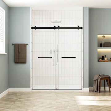 56 60 In. W X 77 In. H Sliding Frameless Soft Close Shower Door With Premium 3 8 Inch 10Mm Thick Tampered Glass In Matte Black 03A42 6076 Matte Black Bathroom Art Deco,Contemporary Aluminium Alloy