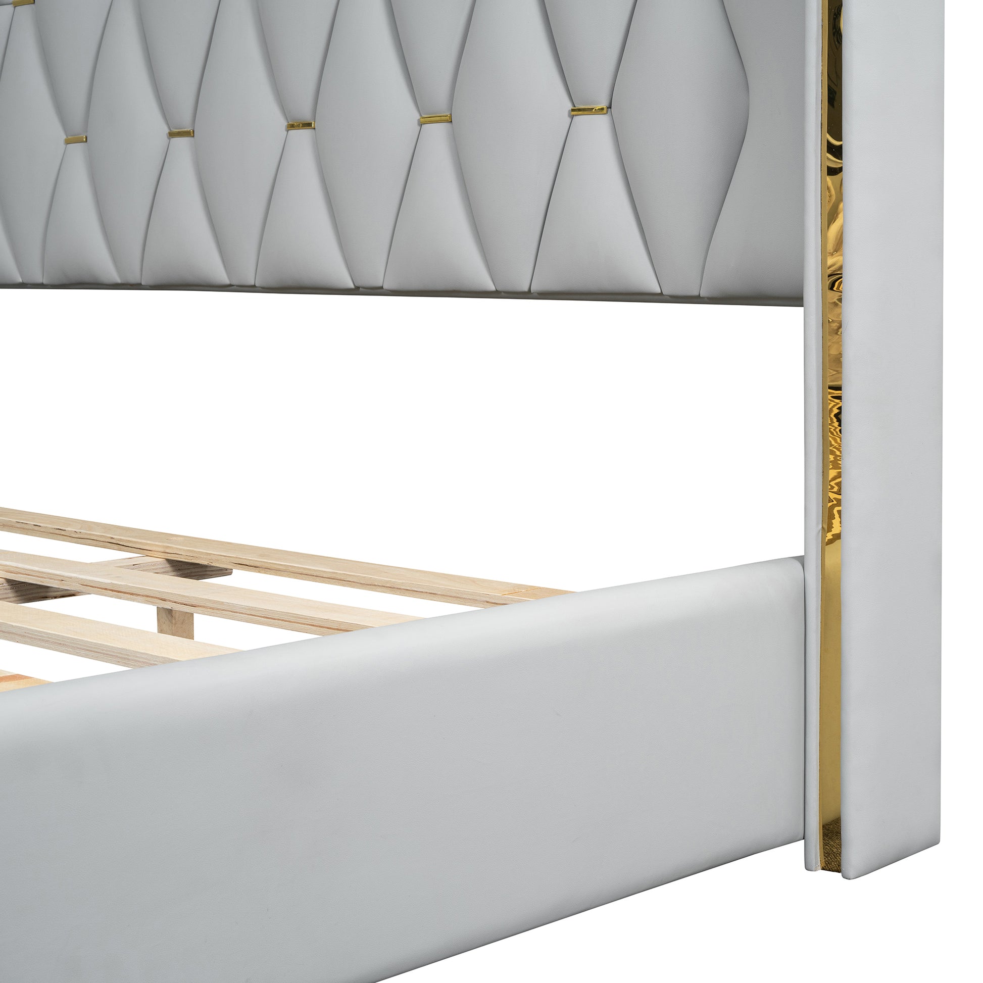 Queen Size Upholstered Platform Bed With Metal Strips, Off White Queen Off White Pu