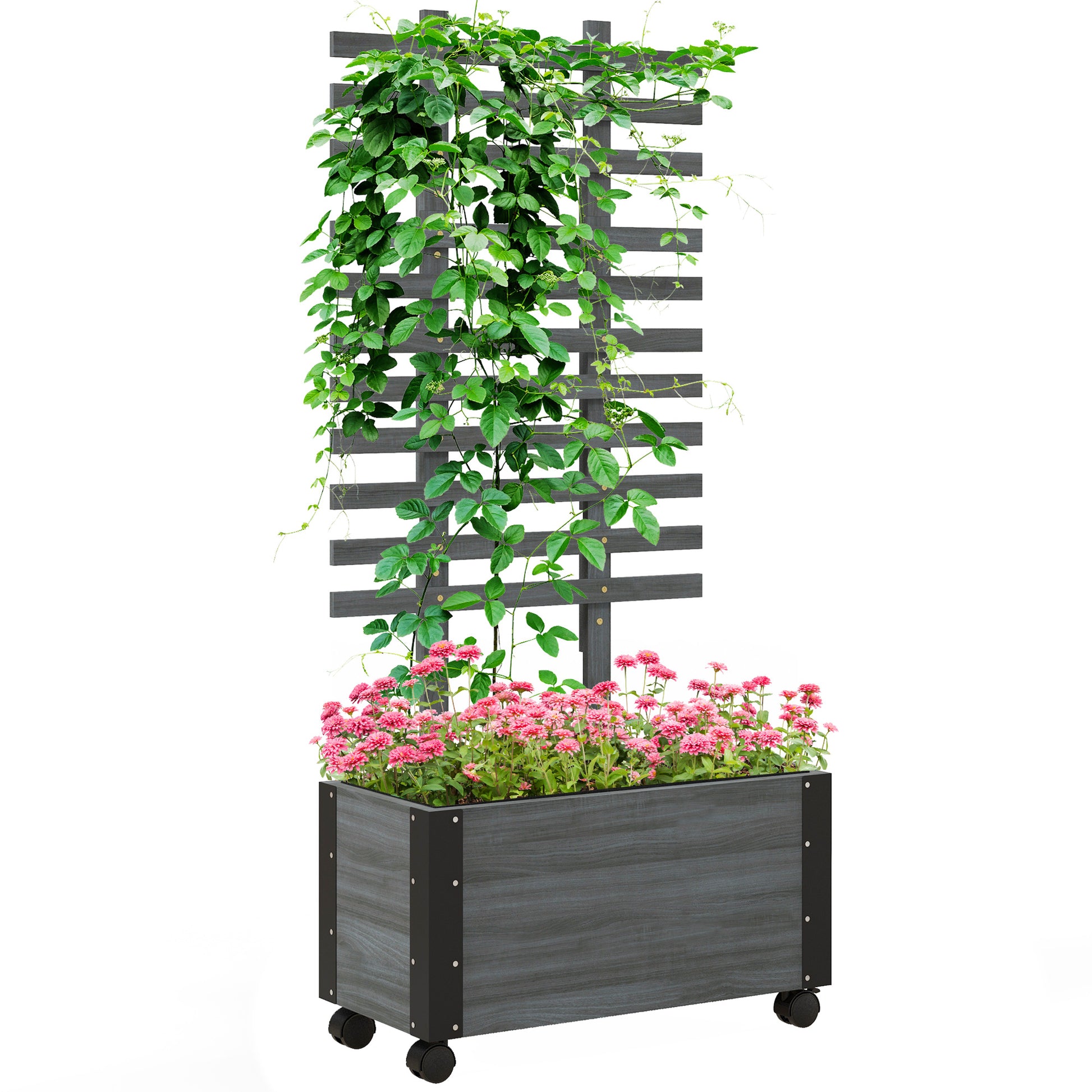 planter with wheels and trellis Outsunny Raised Garden Bed With Trellis, 58" Outdoor Wooden Planter Bo