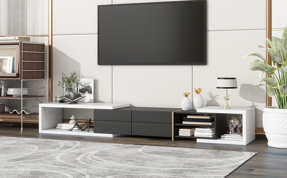 51'' 98.4'' Modern Extendable Tv Stand For Tvs Up To 90 Inches, Entertainment Center Media Console Corner Console With 2 Drawers And 4 Shelves For Living Room, White & Black White Black 80 89 Inches Mdf