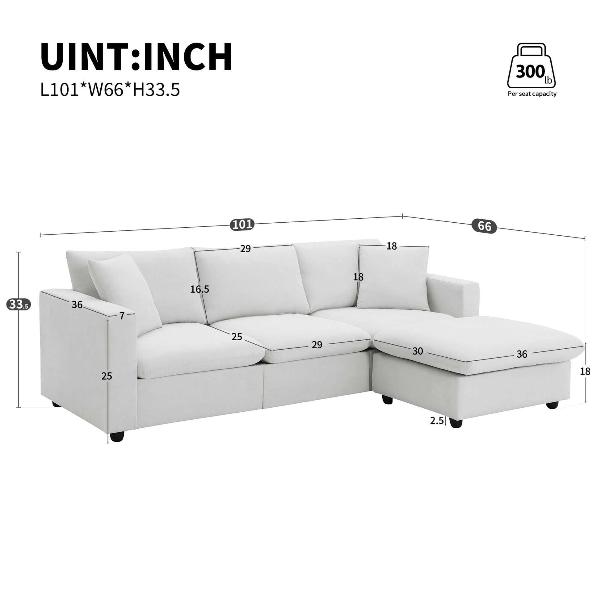 100.4*64.6" Modern Sectional Sofa,L Shaped Couch Set With 2 Free Pillows,4 Seat Polyester Fabric Couch Set With Convertible Ottoman For Living Room, Apartment, Office,4 Colors White Polyester 3 Seat