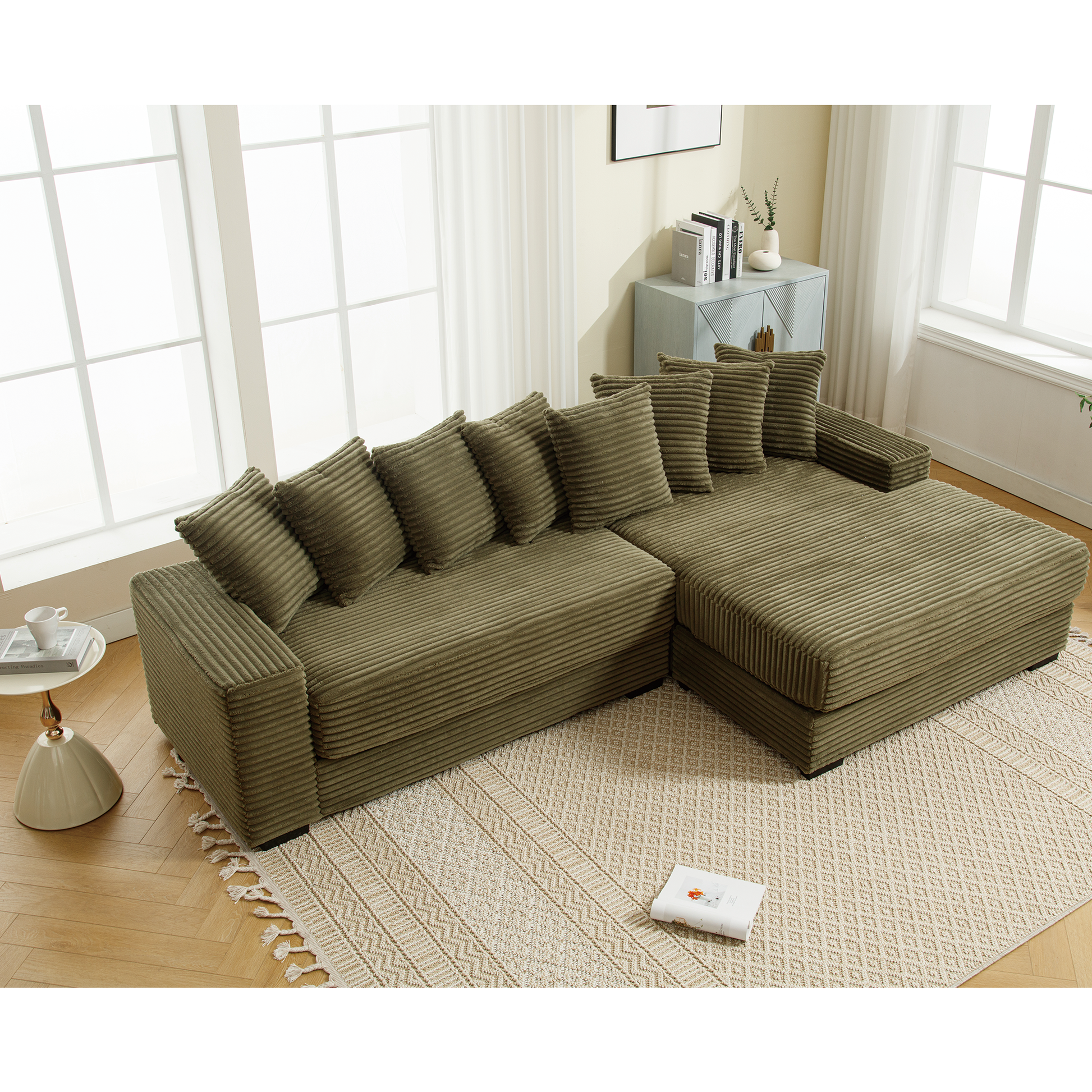 Arrived Oversized Two Piece Couches, L Shaped Sofa, Corduroy, Right Chaise Daybed,With Armrests,Eight Throw Pillows,Corner Sofa,Easy To Assemble, Green Green Polyester Wood Primary Living Space