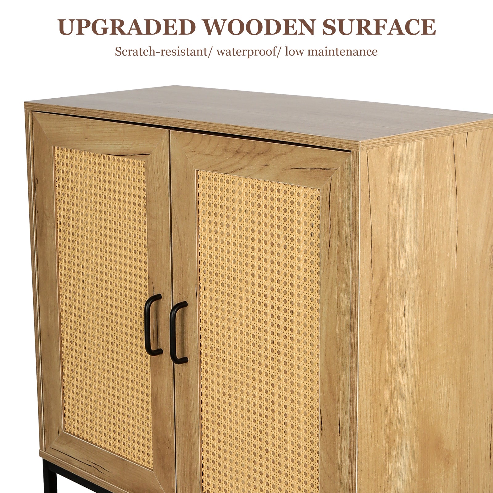 31.5 Inch Wide 2 Rattan Doors Free Standing Sideboard Storage Cabinet With One Open Bottom Shelf For Kitchen Dinning Room Living Room, Natural Color Freestanding 1 2 Shelves Natural Natural Primary Living Space Open Storage Space American Design Particle