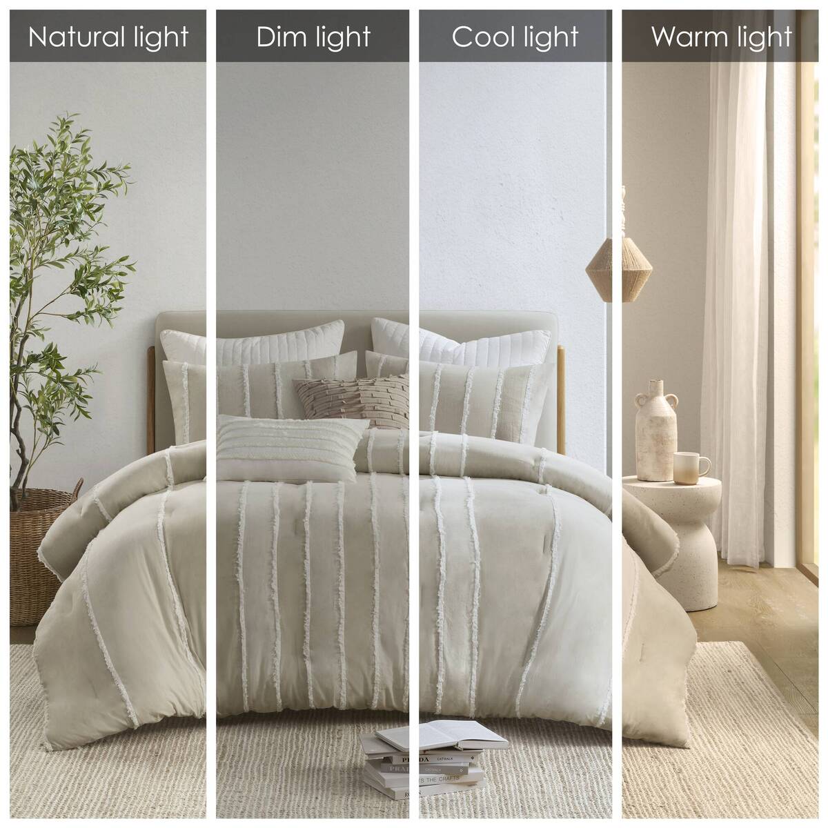 3 Piece Striped Cotton Comforter Set Taupe King Cal King Taupe Cotton