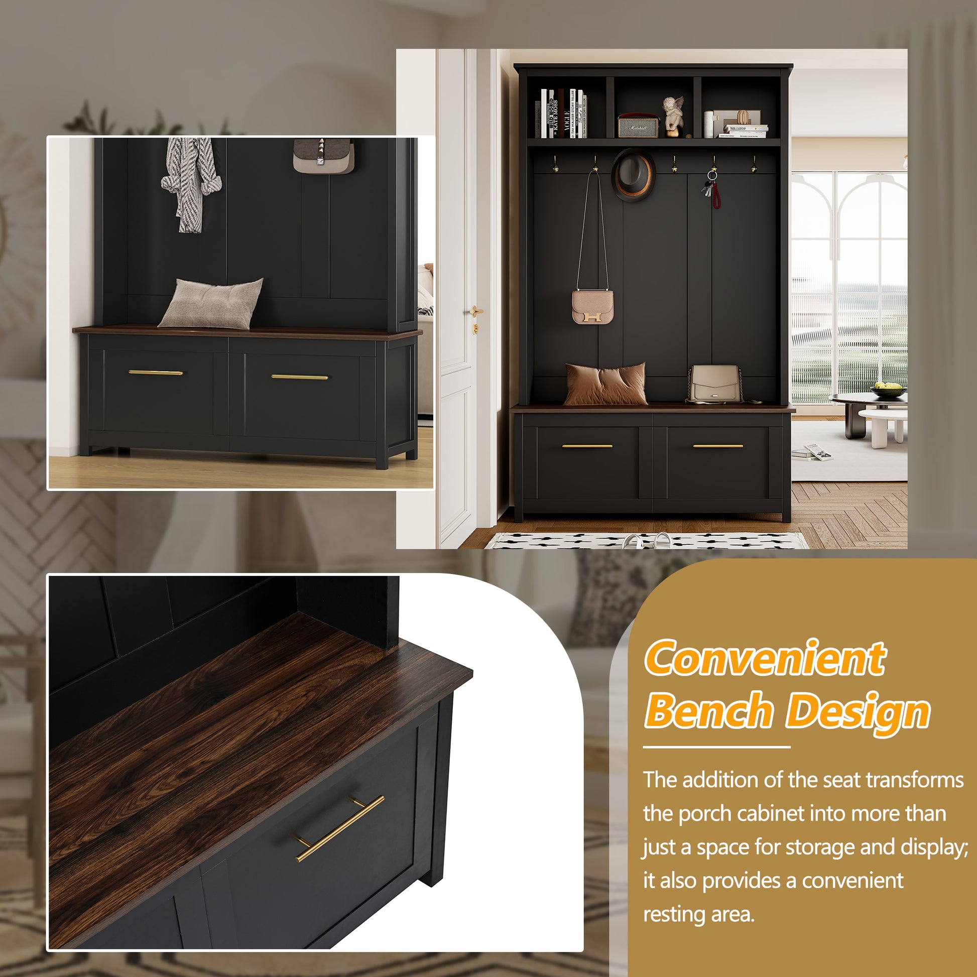 Versatile 4 In 1 Hall Tree With 6 Golden Hooks, Brown Wood Grain Bench With Multiple Storage Space, Entryway Coat Rack With 2 Drawers For Living Room, Hallway, Black, 47.2''W*76.6''H Black Primary