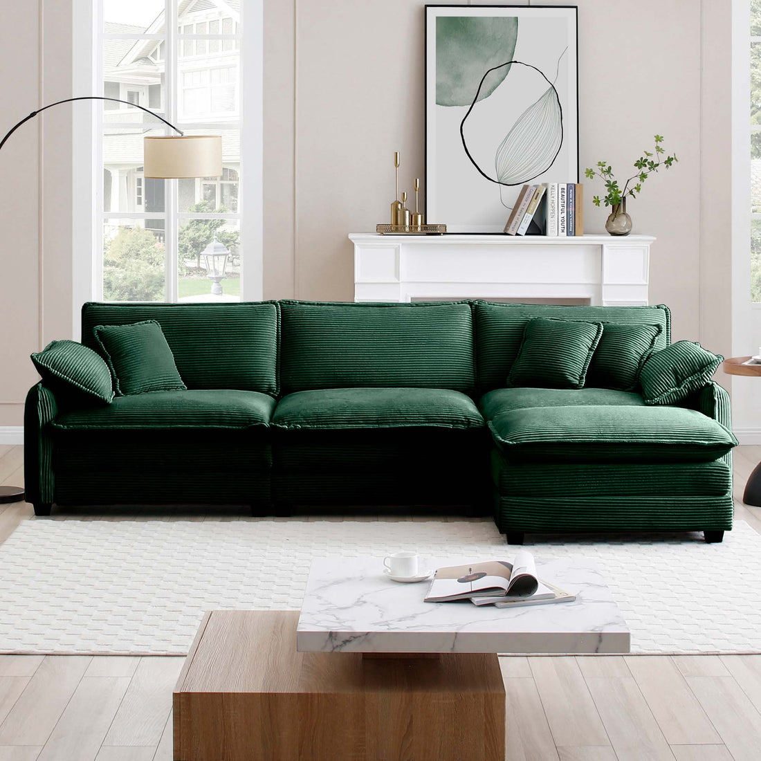 Oversize 3 Seater Sofa With One Footrest, L Shaped Sectional Sofa With Ottoman For Living Rooms,Green Corduroy Sofa Green Corduroy 3 Seat