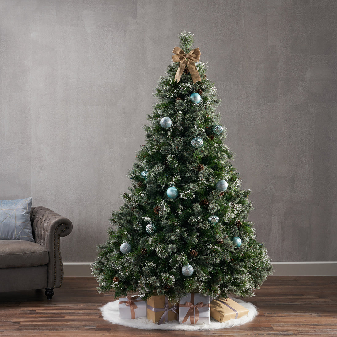 7' Faux Cashmere And Snow Bristle Mixed Tree With 75Pine Cones And 900Multi Lights Ul,1233Tips,D Green Pvc