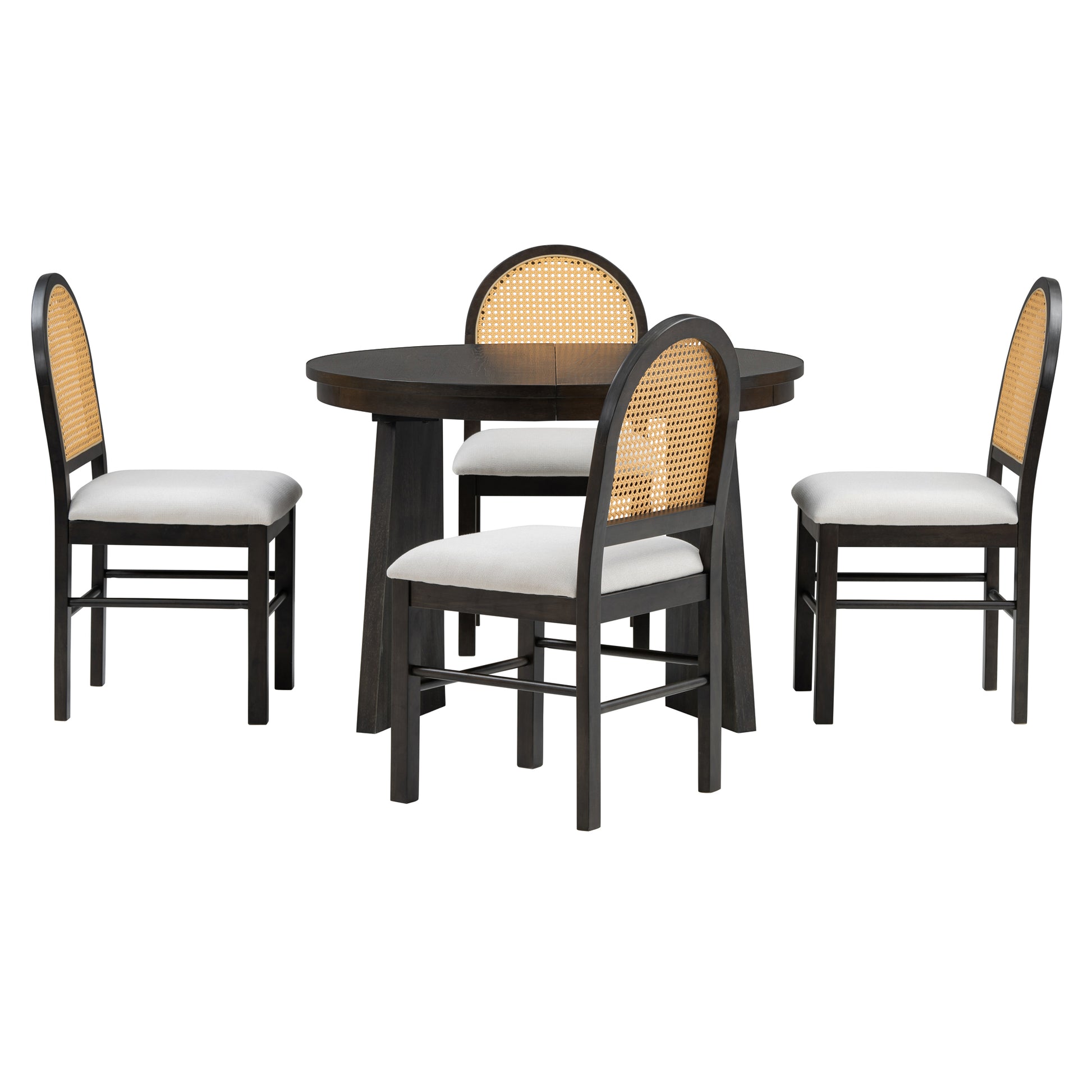 5 Piece Retro Functional Dining Set With 1 Extendable Dining Table And 4 Upholstered Chairs With Rattan Backrests For Dining Room And Kitchen Espresso Espresso Solid Wood Mdf