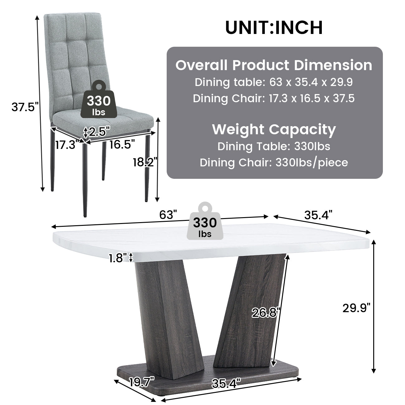 Modern Dining Table Set For 6, 7 Piece Dining Set, 63" Rectangle Kitchen Table With 6 Upholstered Chairs, 1.8" Thickness Tabletop And V Shaped Table Legs, White Faux Marble Dining Set For Kitchen Room Metal White Gray Dining Room Modern Rectangular Mdf