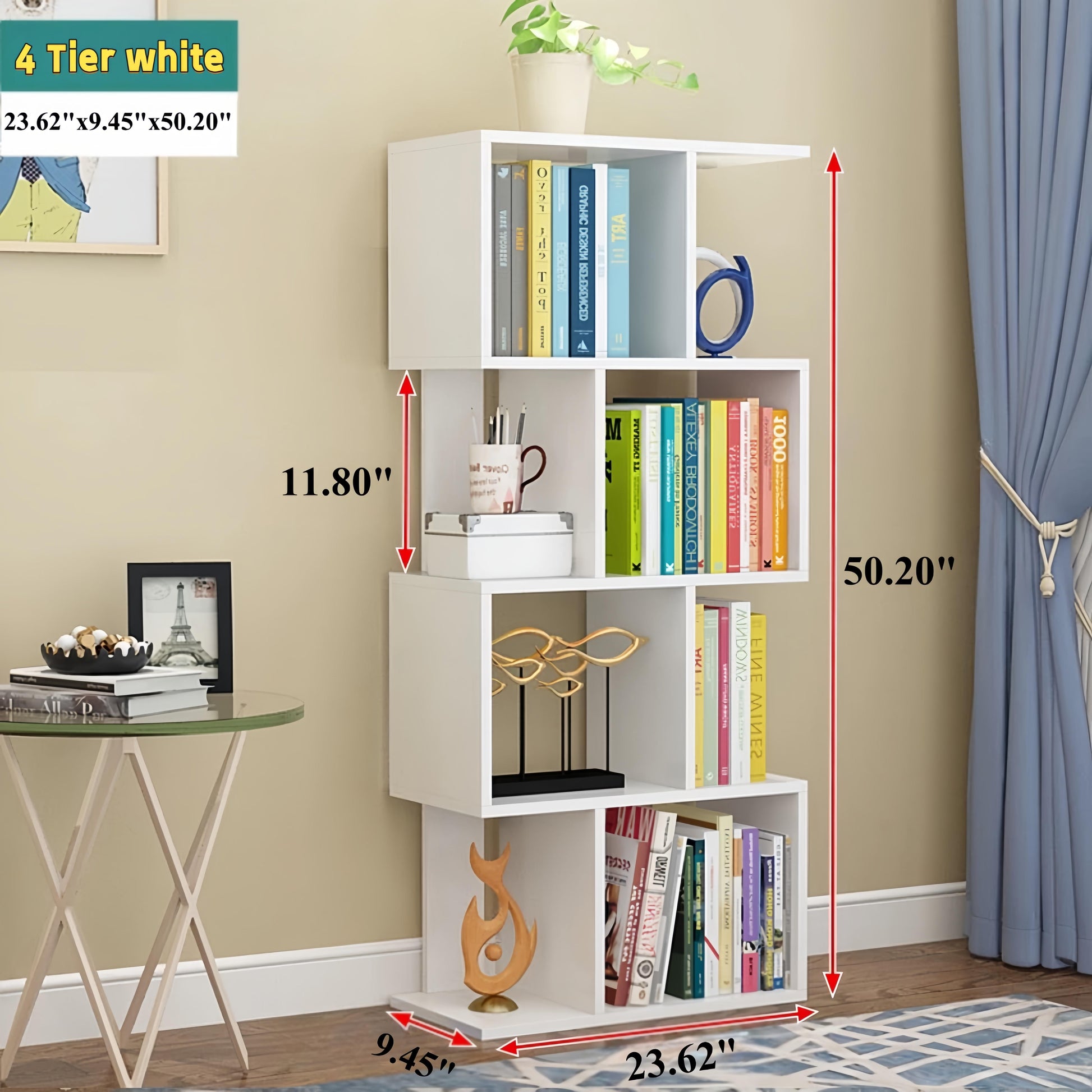 Dfw 4 Tier Storage Shelf S Shaped Bookcase, Multifunctional Wooden Display Decor Furniture, Free Standing Industrial Storage Rack For Living Room Bedroom Office, Modern 4 Shelf Bookcase 1 White 4