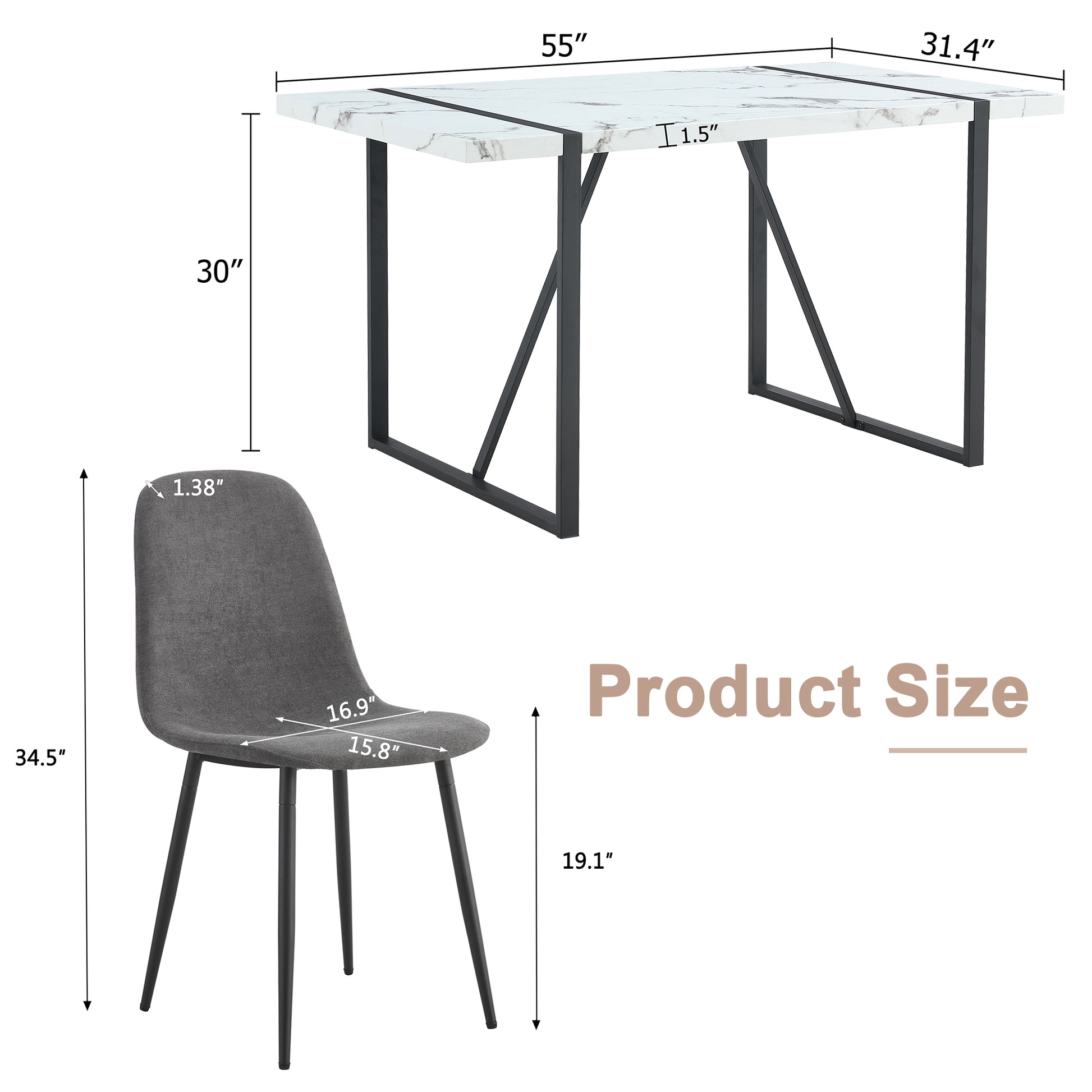 Table And Chair Set.A Modern Minimalist White Marble Veined Mdf Dining Table With Metal Frame.Paired With 6 Dark Gray Dining Chairs With Fabric Cushion And Black Metal Legs. Dark Gray,White Seats 6