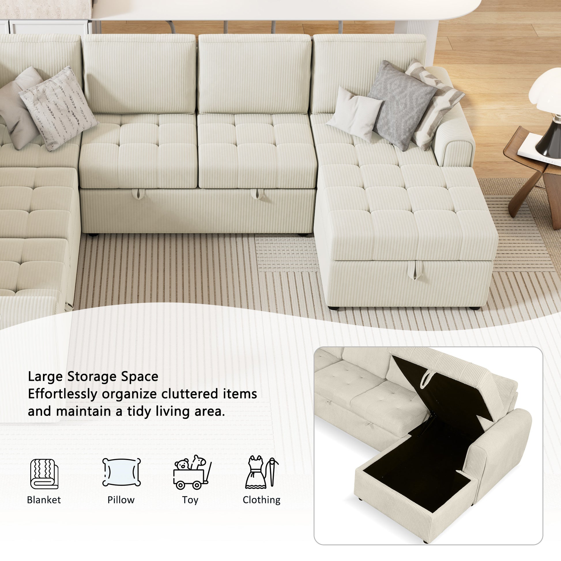 107.5" U Shaped Sofa Sectional Sofa Pull Out Sofa Bed With A Storage Chaise Lounge, Charging Devices For Living Room, Beige Beige Foam Corduroy 5 Seat