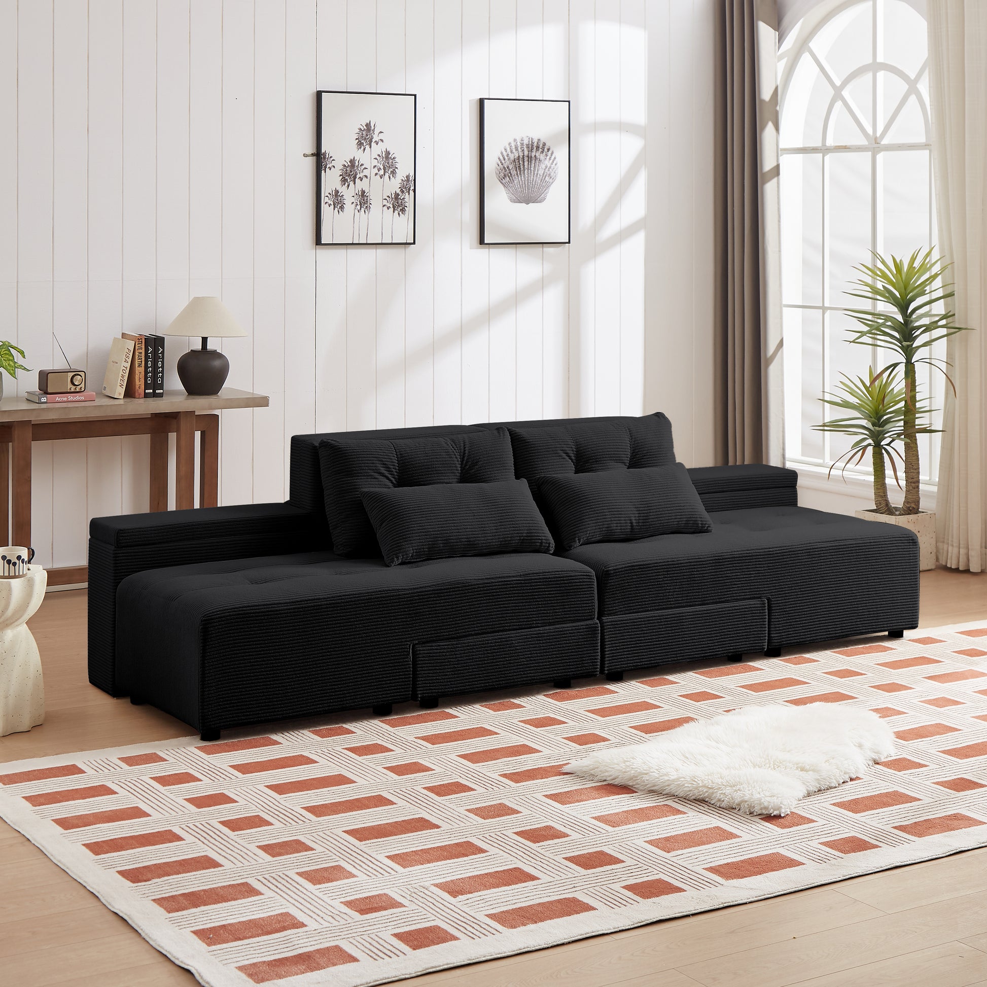 Convertible 3 In 1 Sleeper Sofa And Sectional Sofa With 4 Storage Space For Living Room,Corduroy Couch With 4 Pillows,Corduroy Black Corduroy 3 Seat