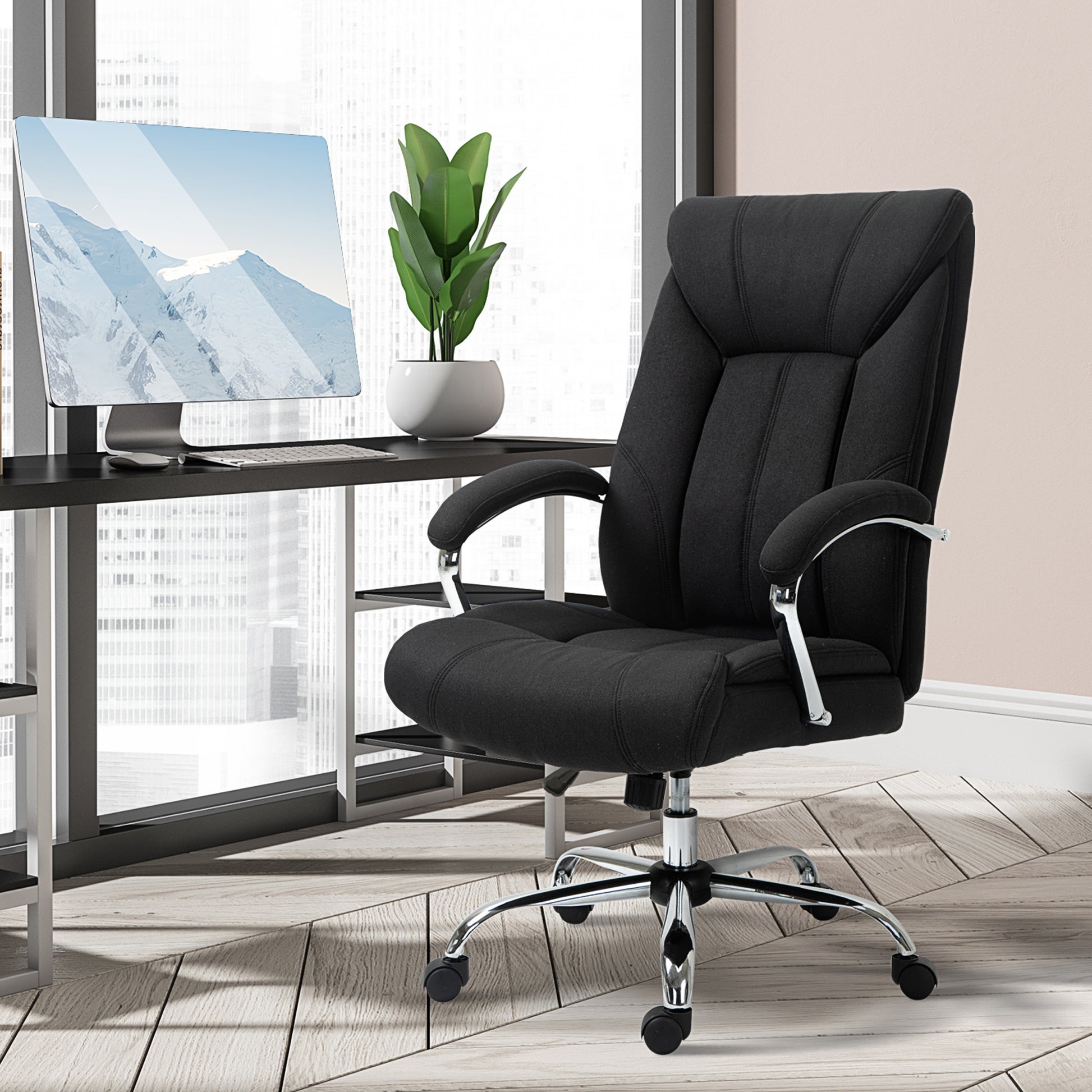 Vinsetto High Back Home Office Chair, Computer Desk Chair With Lumbar Back Support And Adjustable Height, Black Black Linen