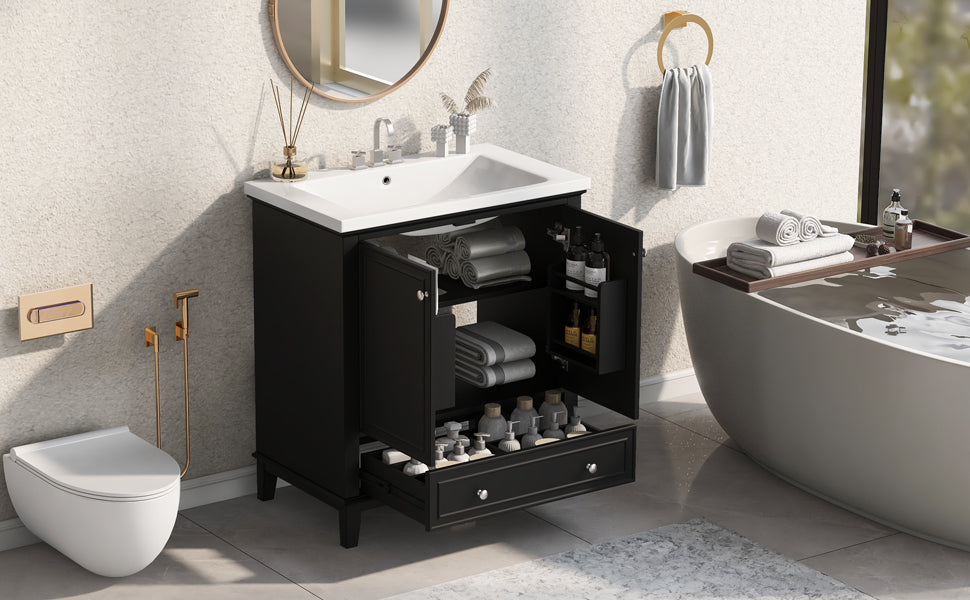 30" Bathroom Vanity With Sink Combo, Multi Functional Bathroom Cabinet With Doors And Drawer, Solid Frame And Mdf Board, Black Black Solid Wood Mdf