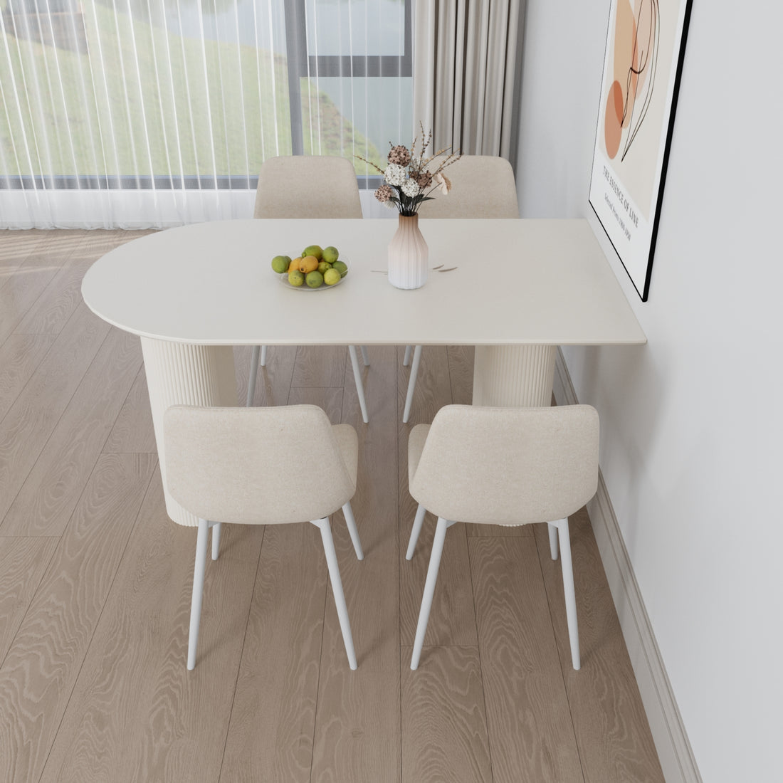 63 "Mdf Cream Style Coffee Table And Modern Dining Chair 4 Piece Set, Modern Fashion Kitchen Table Set, Round Wave Table Legs, Dining Table And Linen Chair Beige White Mdf