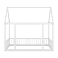 Full Size Floor Wooden Bed With House Roof Frame And Safety Guardrails ,White Full White Pine