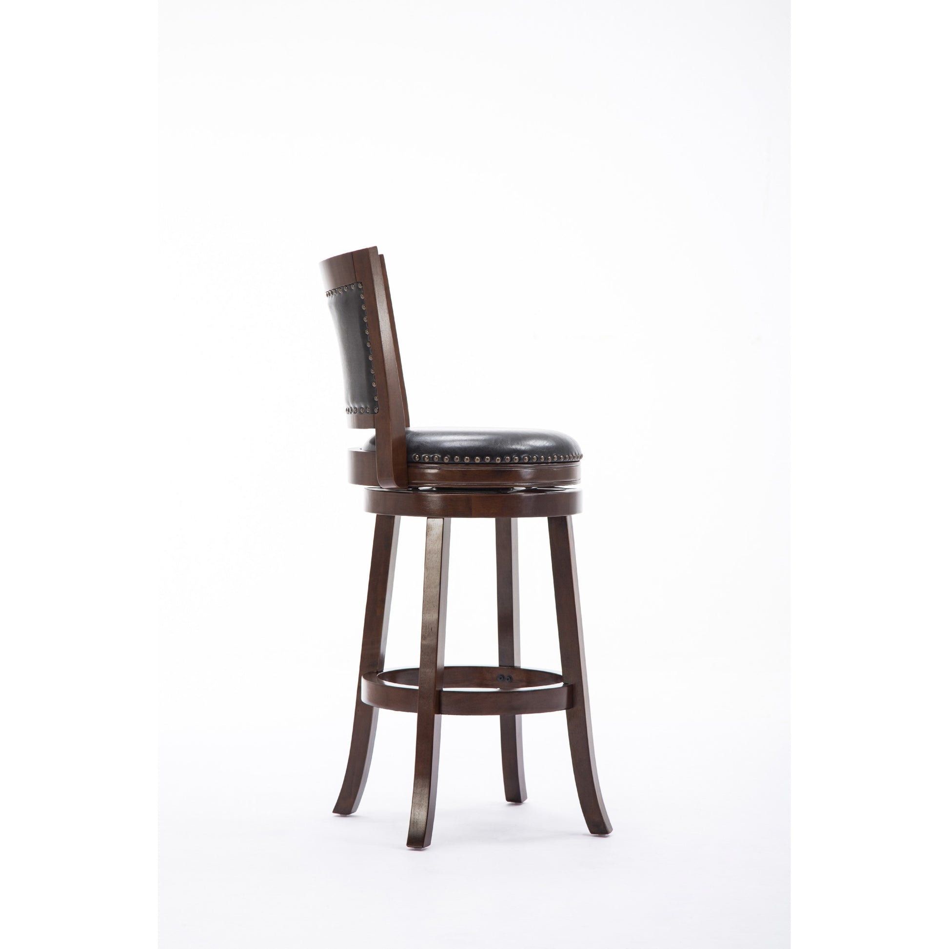 Sabi 29 Inch Swivel Counter Stool, Solid Wood, Faux Leather, Brown, Black Brown Black Wood Fabric