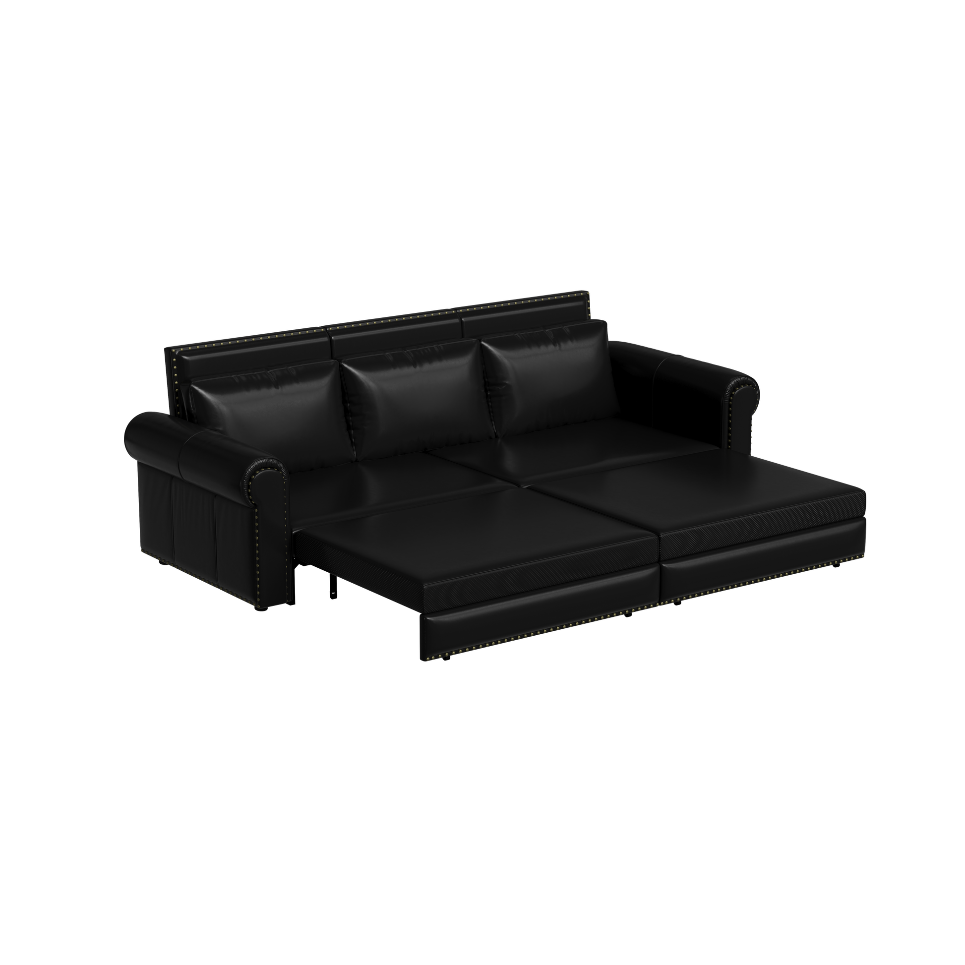 Chesterfield Sofa,93.7" King Pull Out Sofa Bed, 3 In 1 Faux Leather Convertible Sleeper Sofa With Trim & Rolled Arm,Multi Functional Sofa Bed For Living Room,Bedroom,Apartment,Office,Balck Black