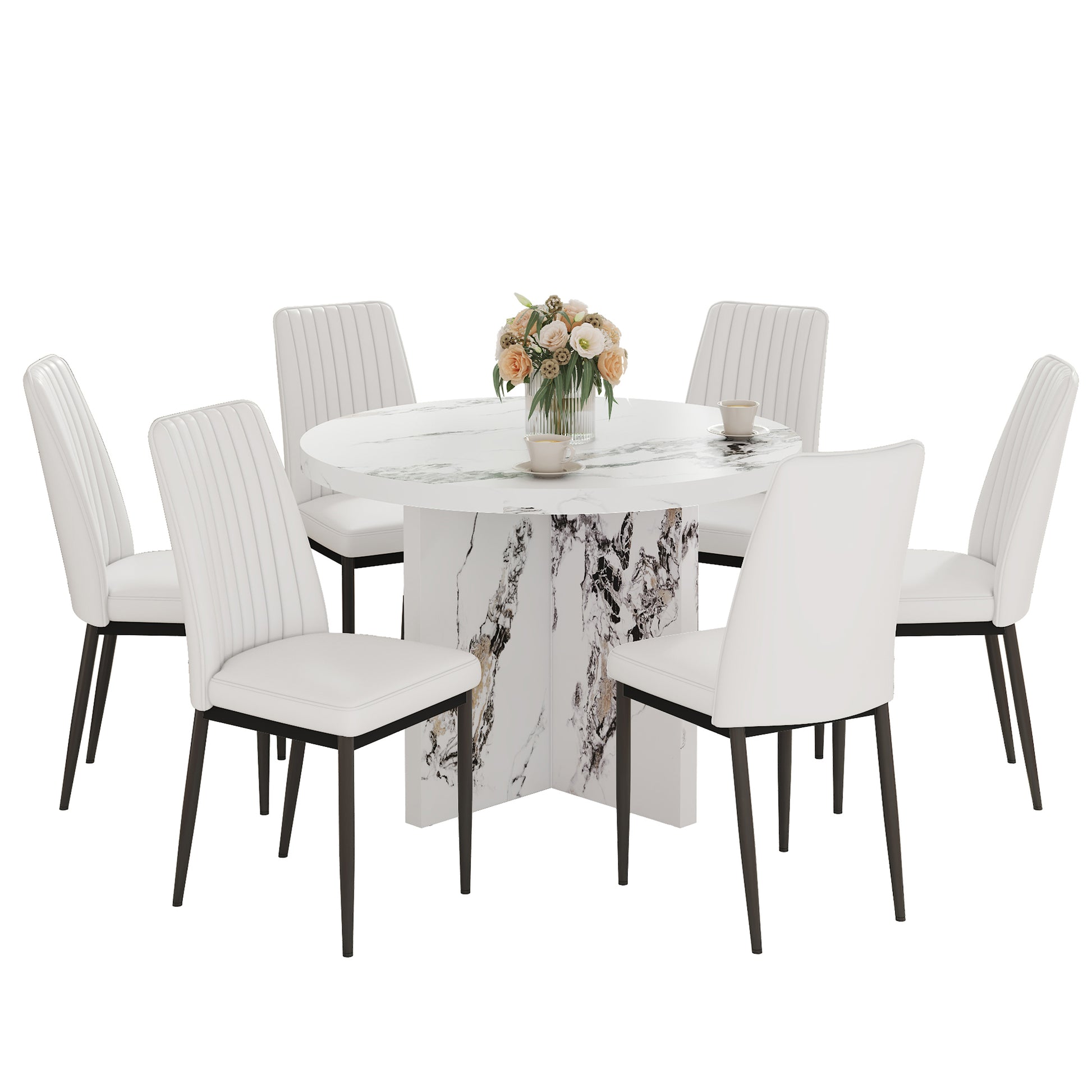 7 Piece Round Dining Table Set, 42 Inch Modern Round Table And 6 Upholstered Chairs For Dining Room, Kitchen Room, Living Room, Easy Assembly Metal White 42 Inches Modern Pedestal Round Mdf Mdf