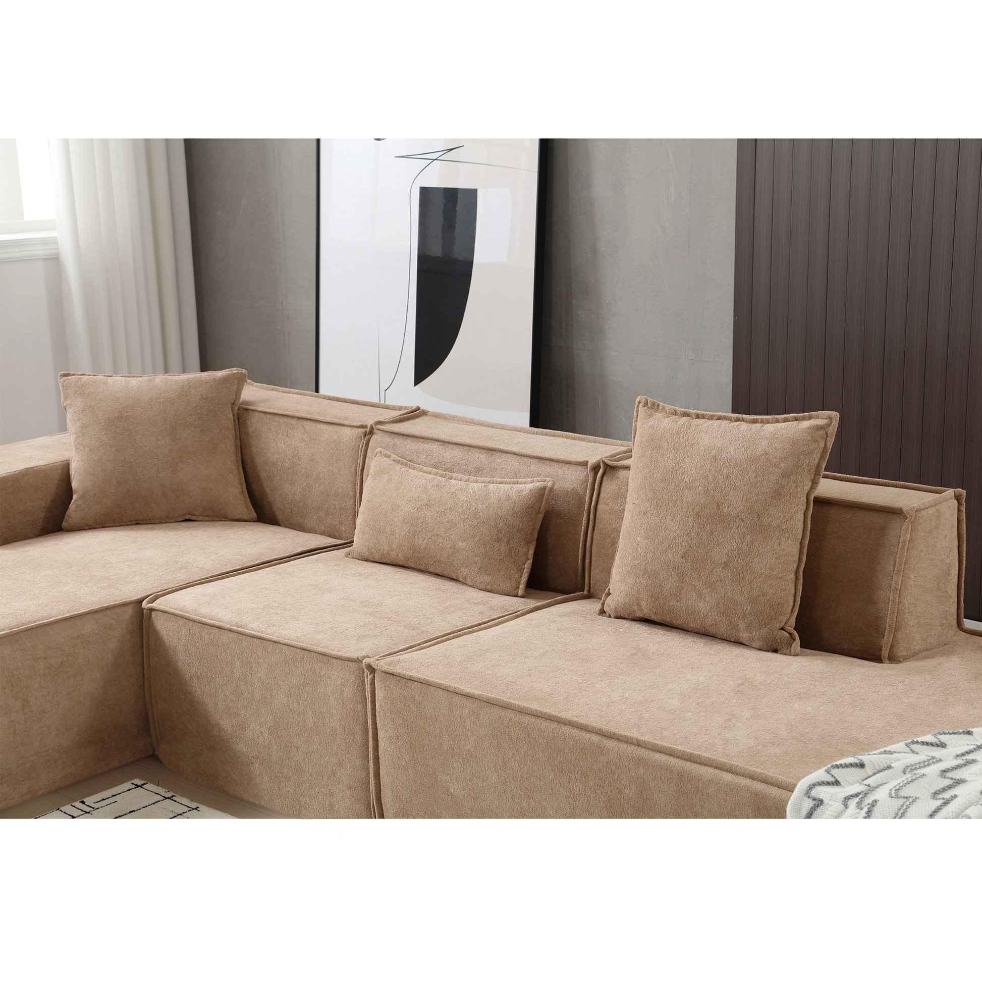 Modular Combination Living Room Sofa Set, Modern Minimalist Sofa, Free Installation Sofa, L Shaped, Italian Minimalist Tofu Block Sofa, Left Hand Facing,Terrycloth Fabric, Light Brown Light Brown Polyester Primary Living Space Soft Modern Polyester 3